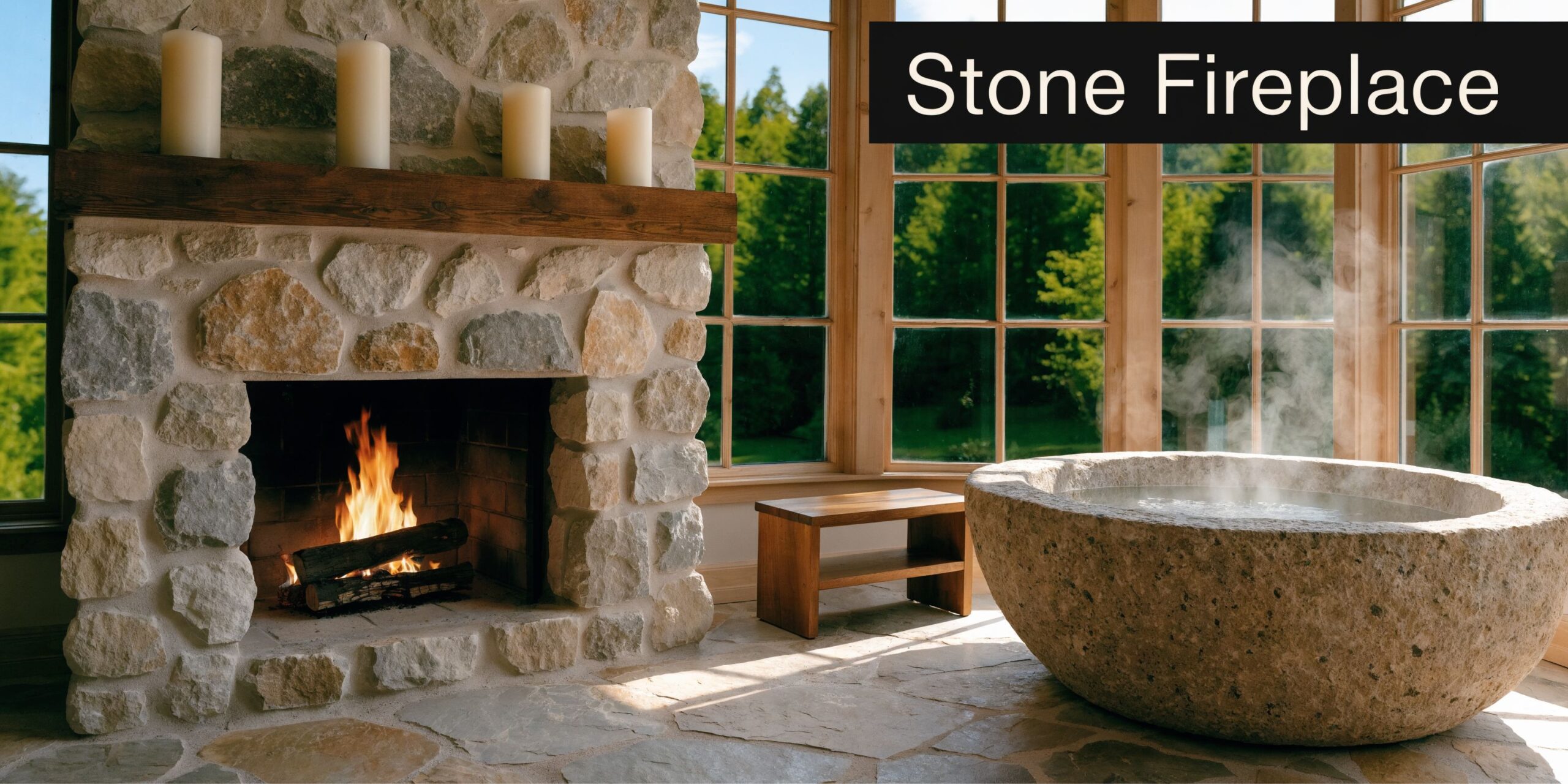A rustic stone fireplace next to a large stone bathtub in a bathroom overlooking a forest view.