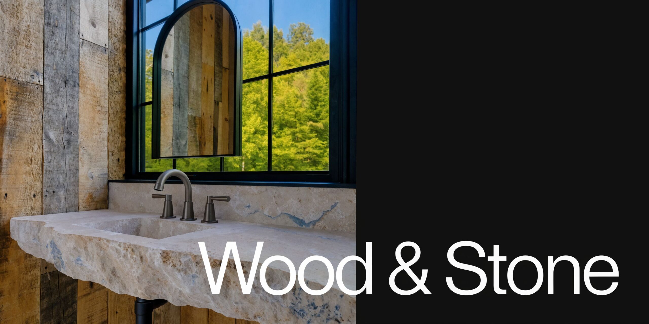 A rustic cabin bathroom featuring a natural stone sink countertop, a farmhouse mirror, and a large window.