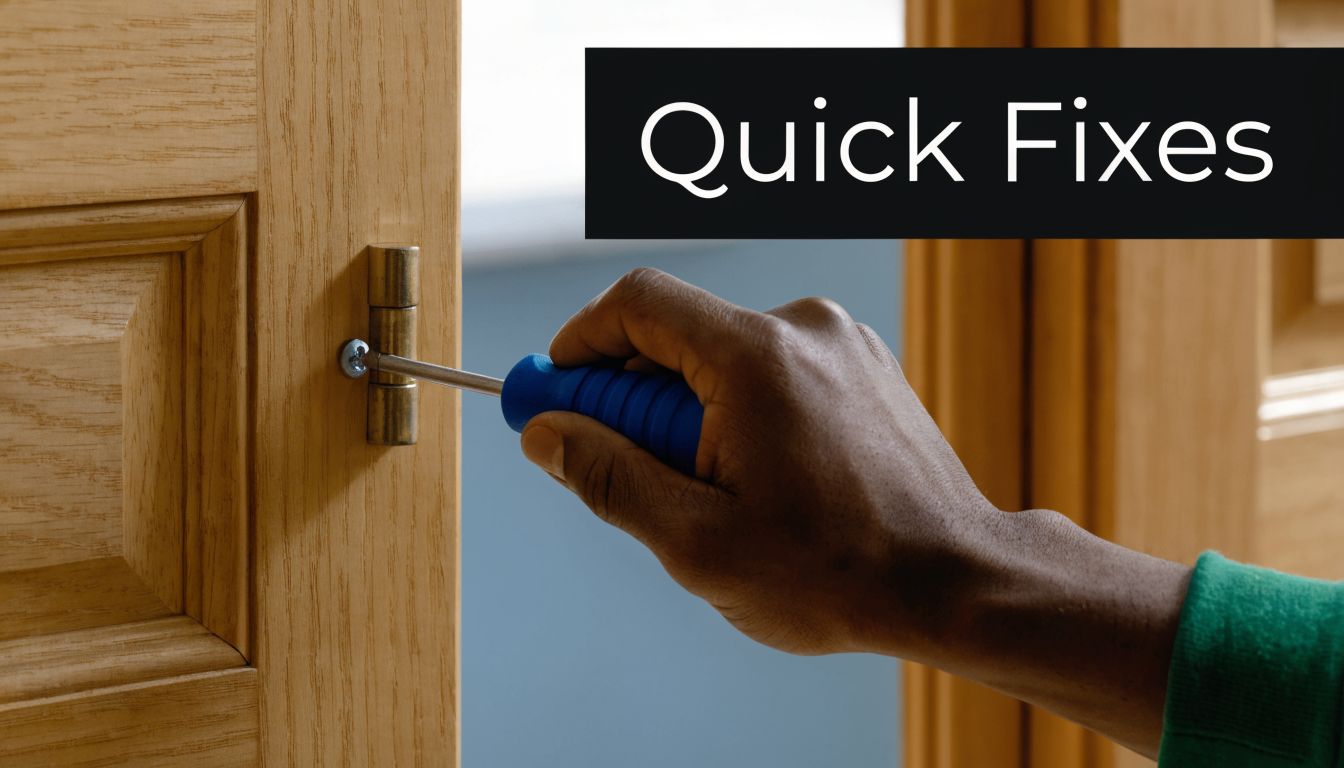 A close-up view of a person using a screwdriver to tighten a metal hinge on a door.