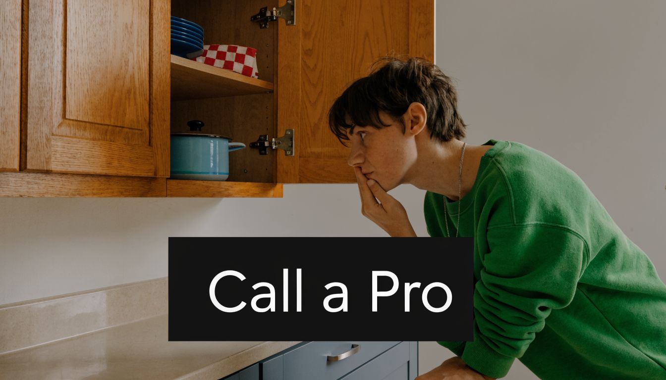 A person looks thoughtfully into an open wooden kitchen cabinet, contemplating a home repair or organization issue.