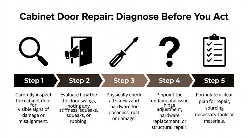 A five-step instructional guide on how to diagnose and repair issues with a kitchen cabinet door.