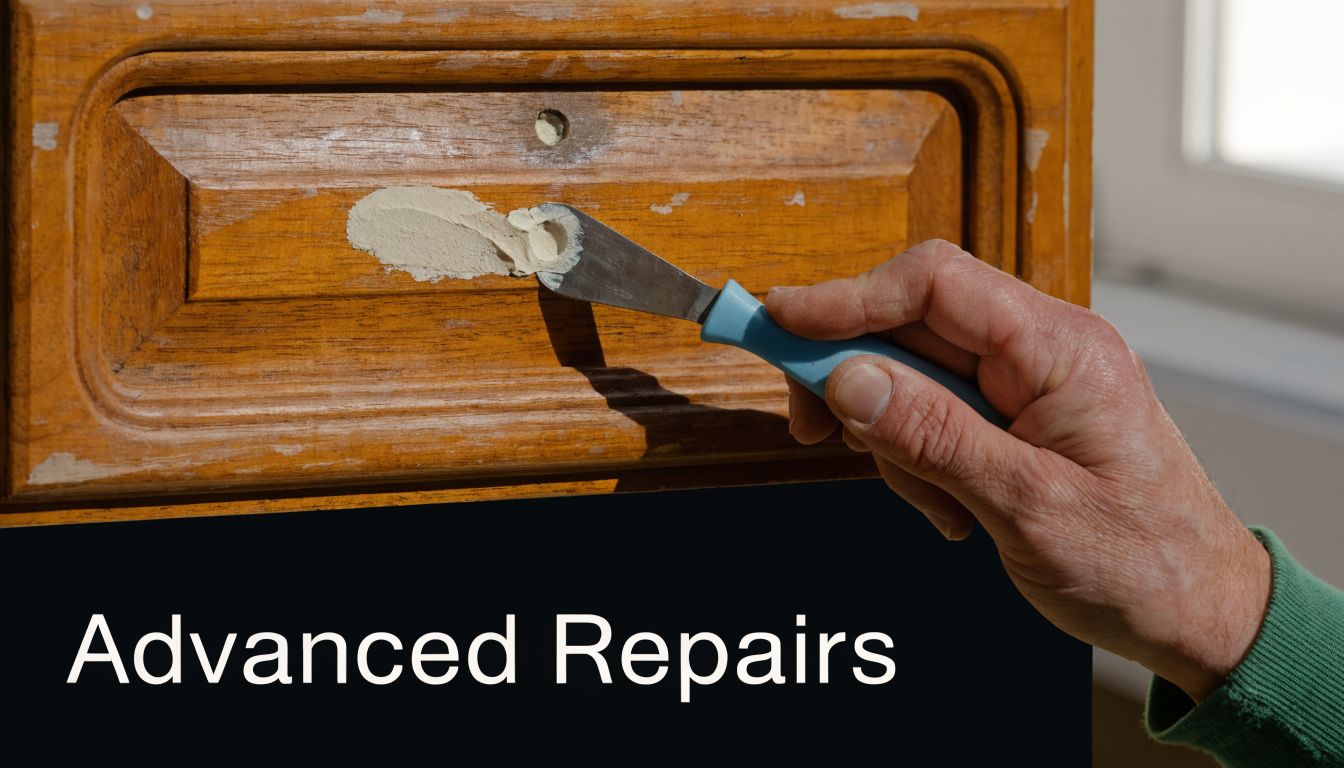 A close-up view of a hand using a metal putty knife to fill a hole in a wooden cabinet.
