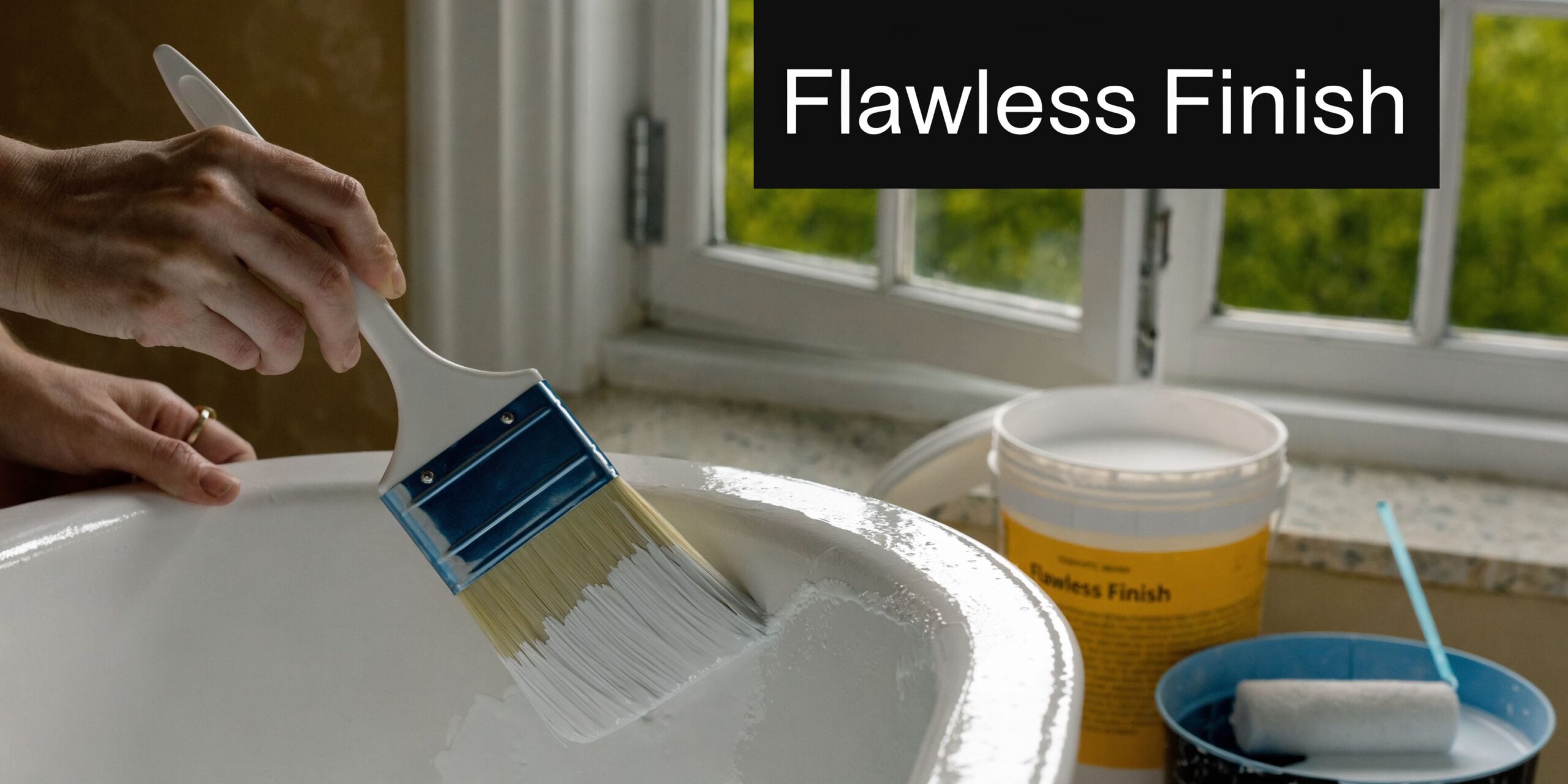 A person painting a white fiberglass bathtub with a brush near a window for a flawless finish.