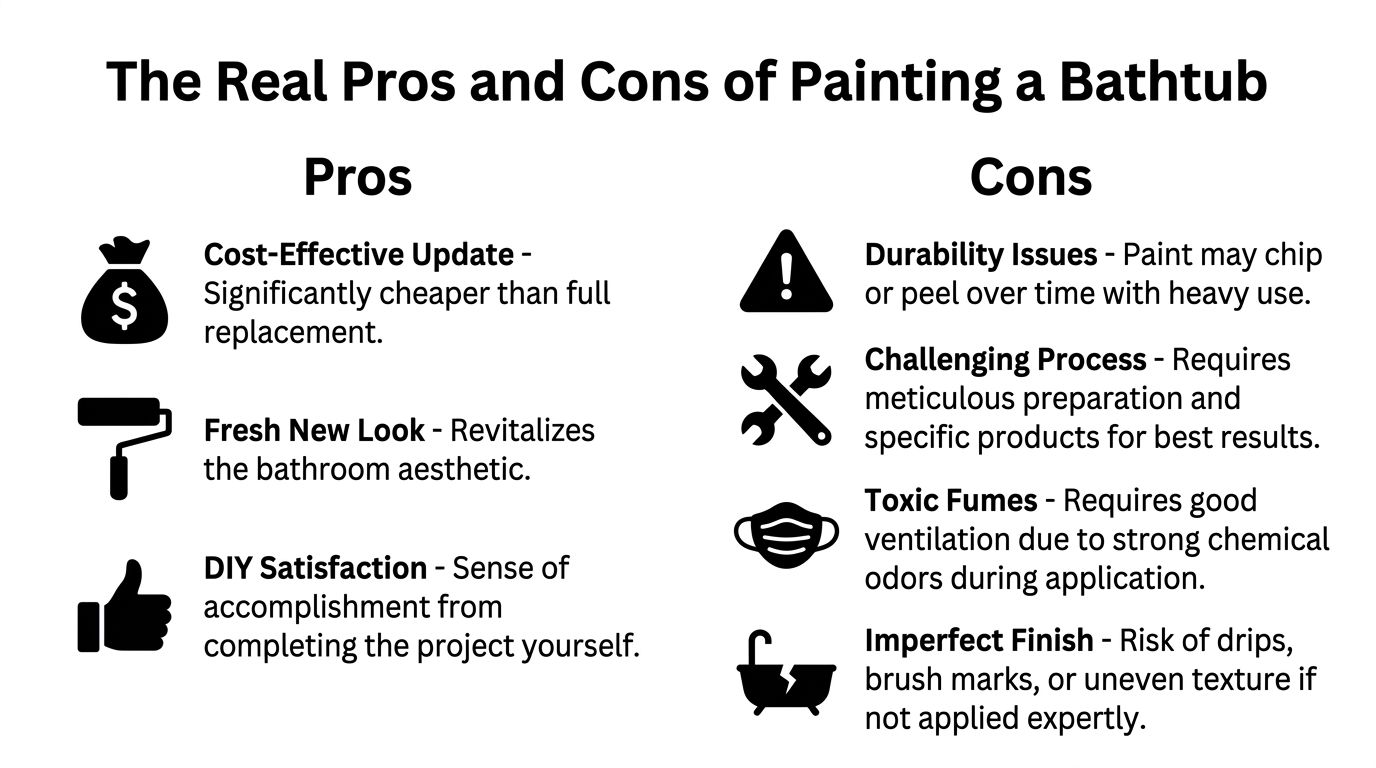 A comparison chart outlining the pros and cons of painting a bathtub for home renovation projects.