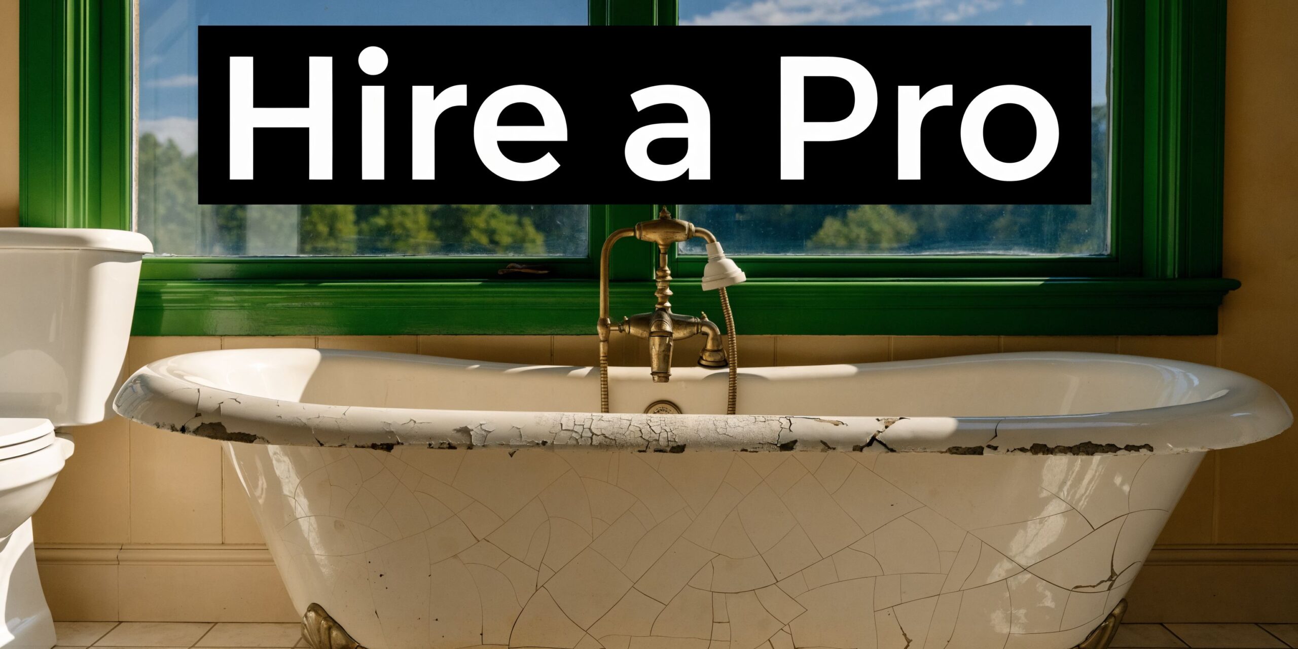 A vintage bathtub with cracked white enamel finish sits under a window in a bathroom.