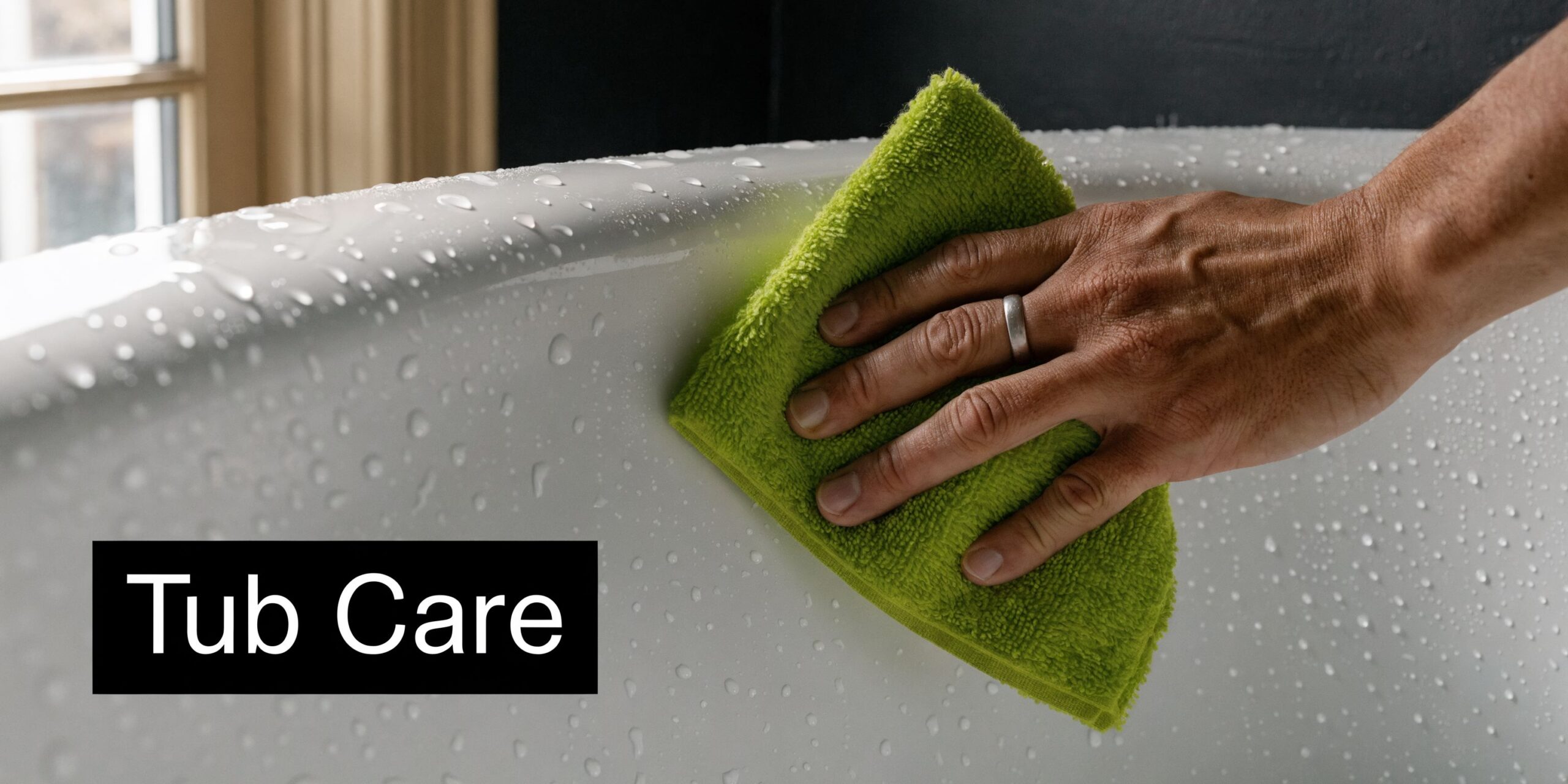 A person wiping down a white, water-covered fiberglass bathtub with a bright green microfiber cloth.