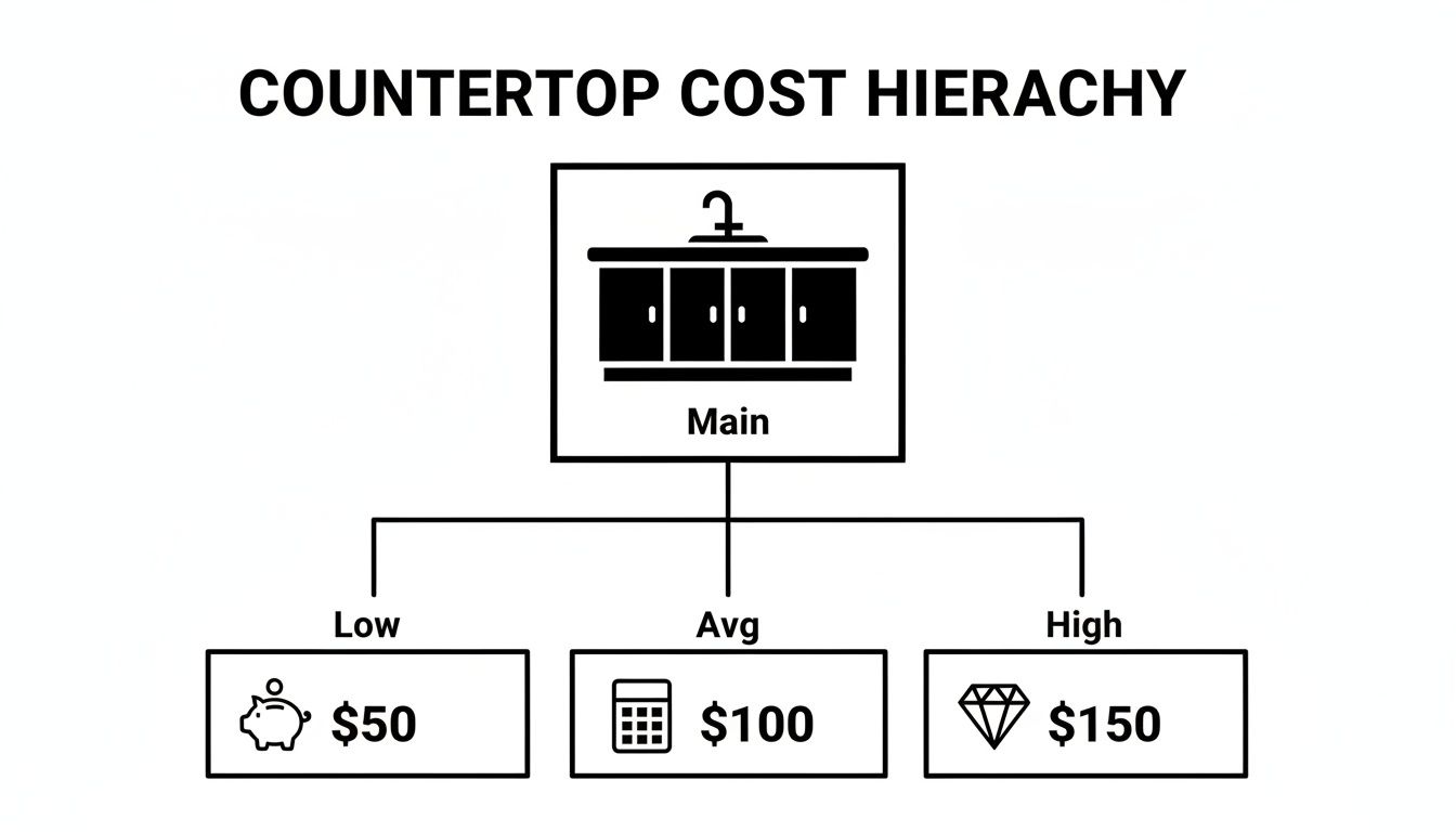 Hierarchy diagram illustrating countertop costs: low $50, average $100, and high $150.