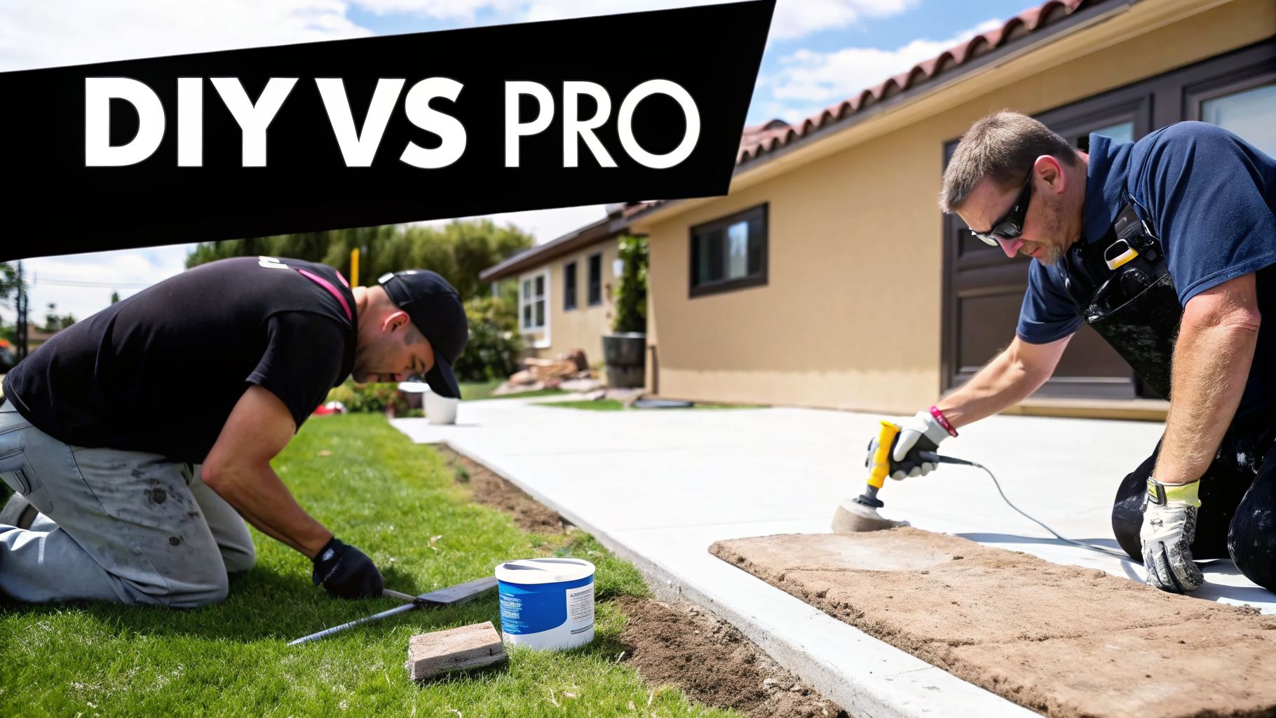 Two men, one DIY and one pro, working on concrete and landscaping around a house.