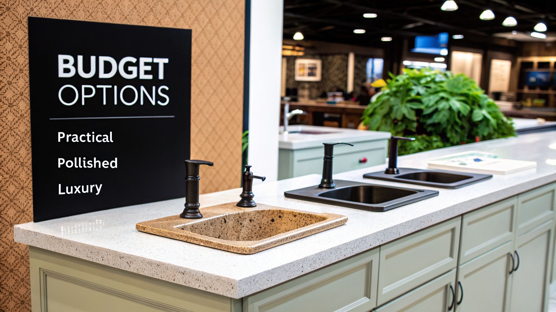 Kitchen showroom display featuring diverse sinks and faucets on a light countertop with a 'Budget Options' sign.