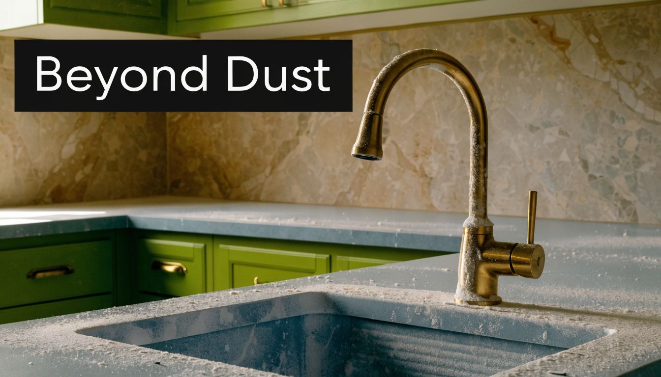 A brass kitchen faucet with white construction dust coating the surface of a blue kitchen sink area.
