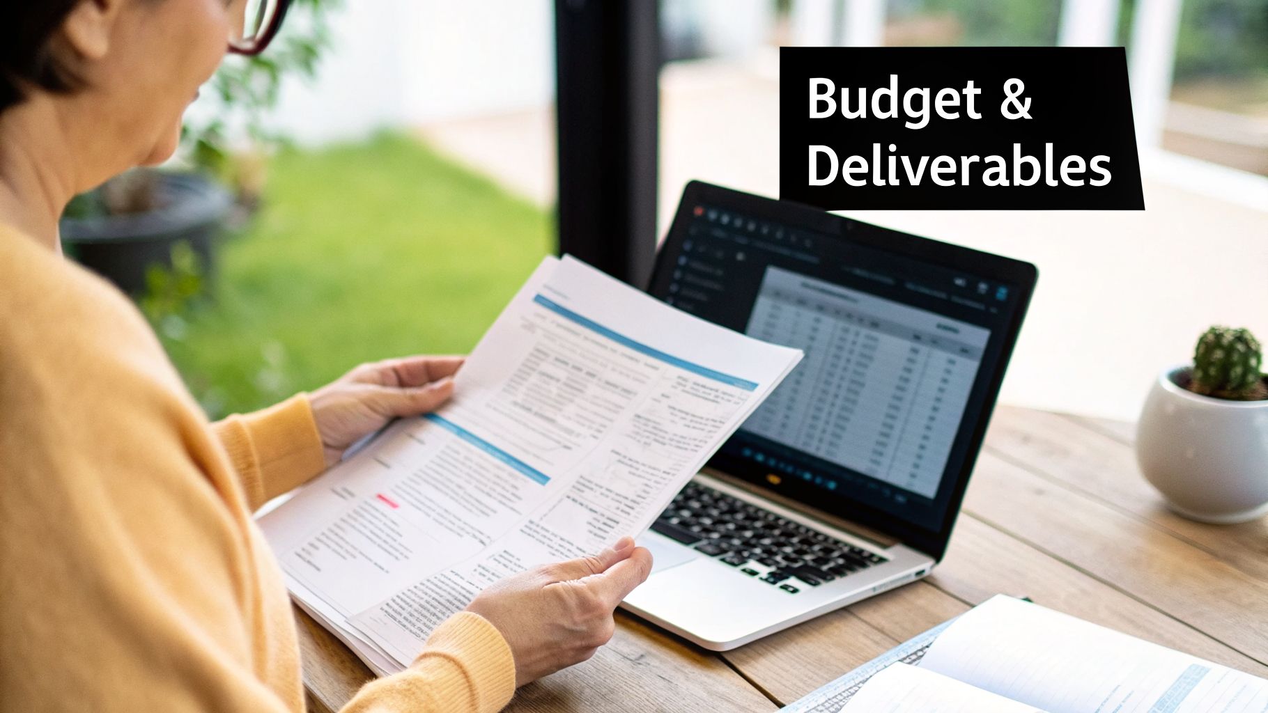 Person reviewing project documents and a laptop displaying a spreadsheet, with 'Budget & Deliverables' title.