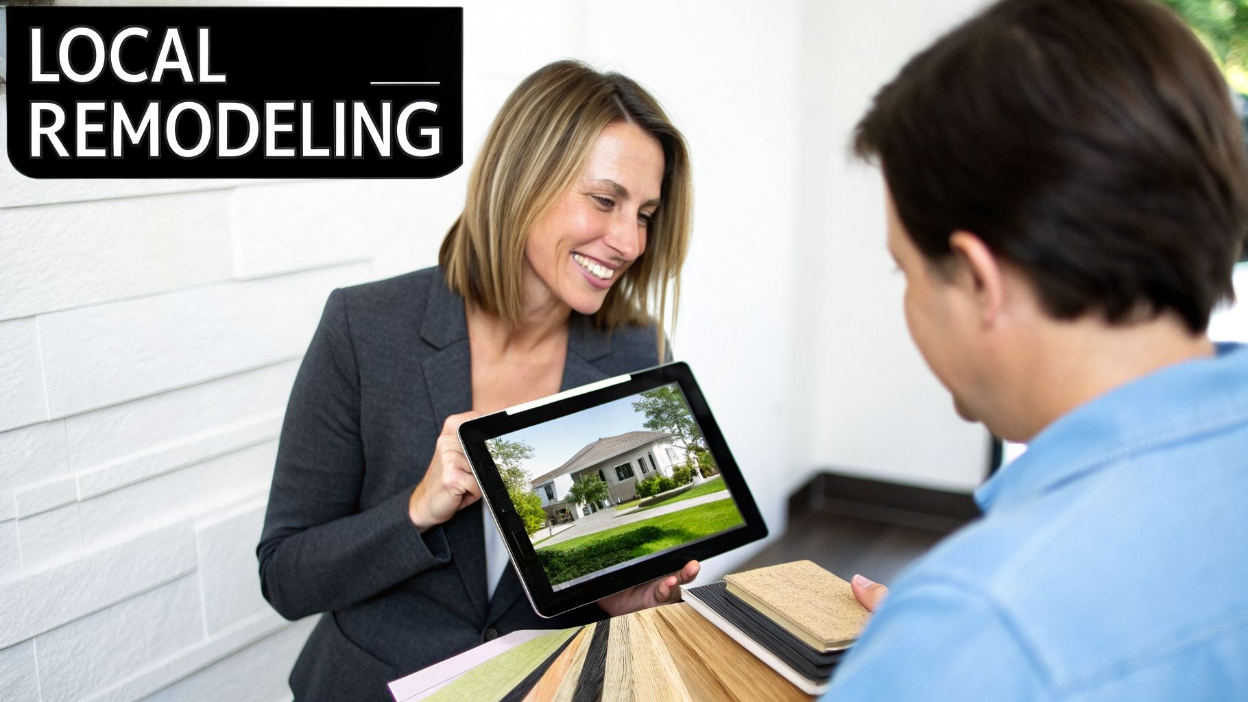 A smiling female remodeler shows a male client a house design on a tablet with material samples.