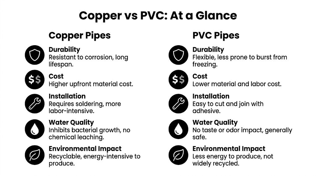 A comparison chart outlining the pros and cons of copper pipes versus PVC pipes for plumbing systems.