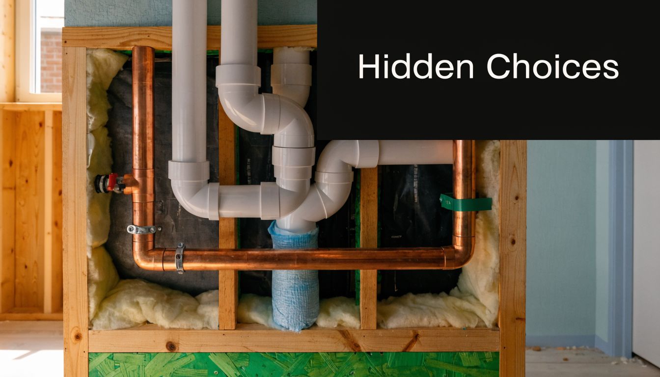 Exposed wall framing featuring a combination of copper plumbing pipes and white PVC drainage pipes.