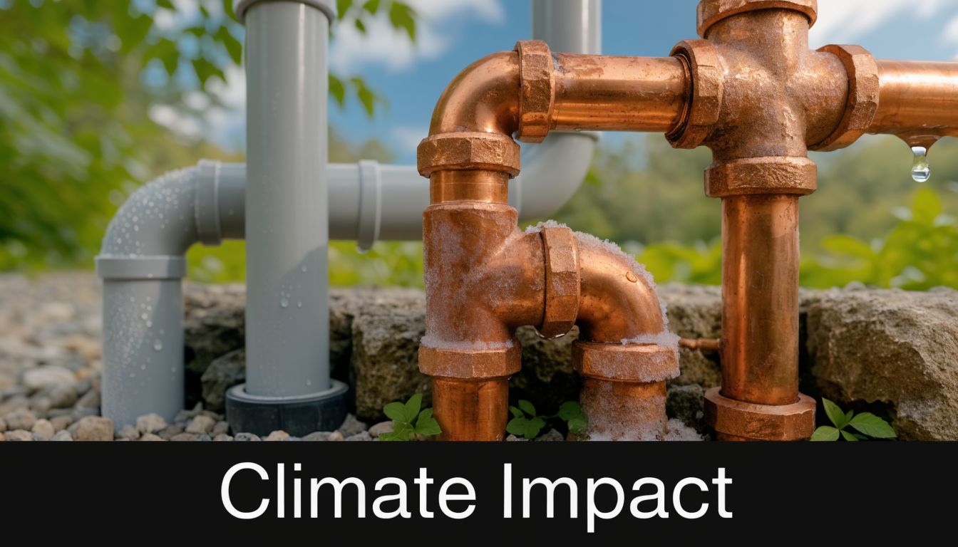 A close up view of contrasting gray PVC pipes and shiny copper plumbing pipes outdoors.