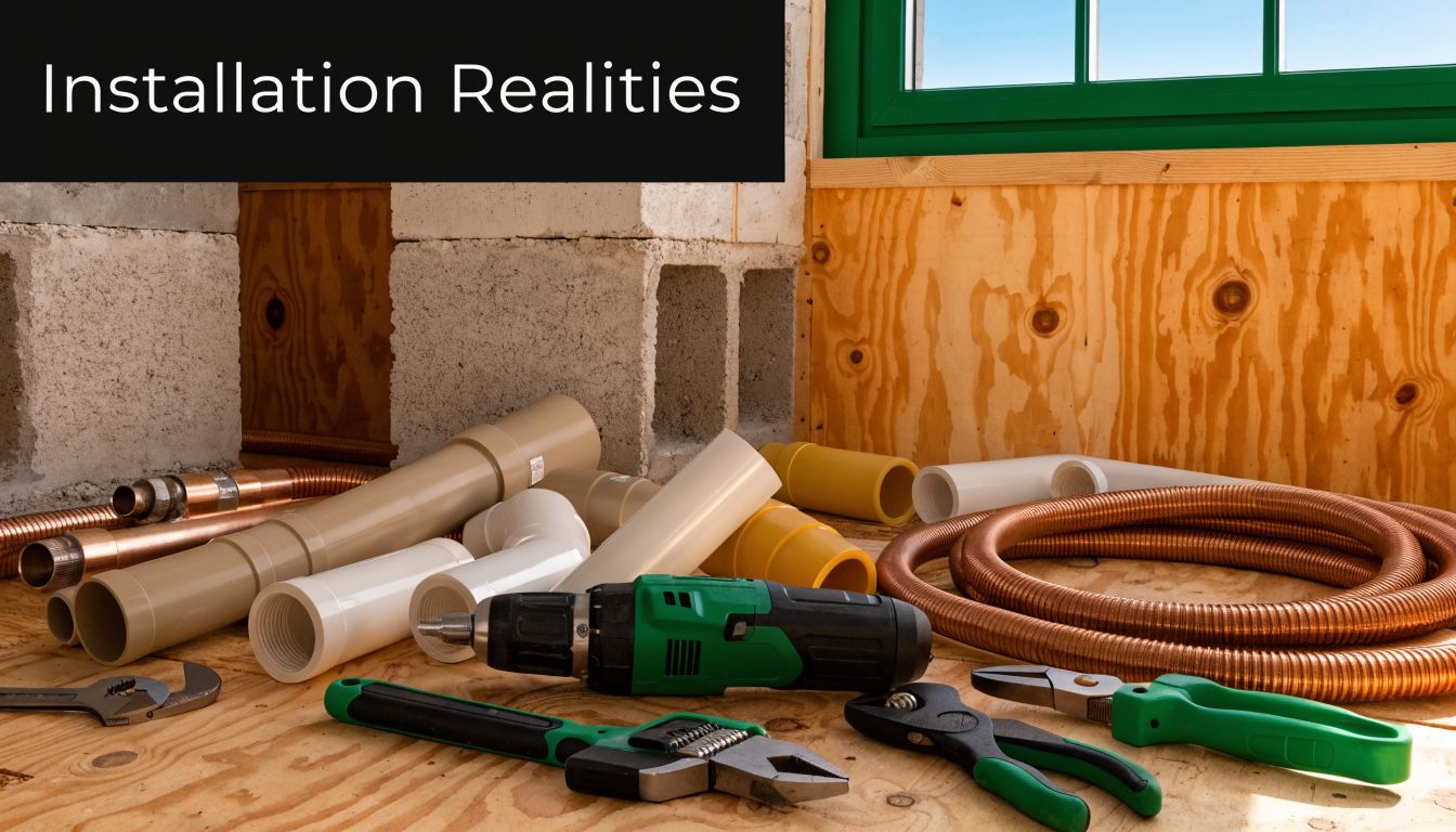 A collection of copper and PVC pipes with construction tools scattered on a wooden floor.