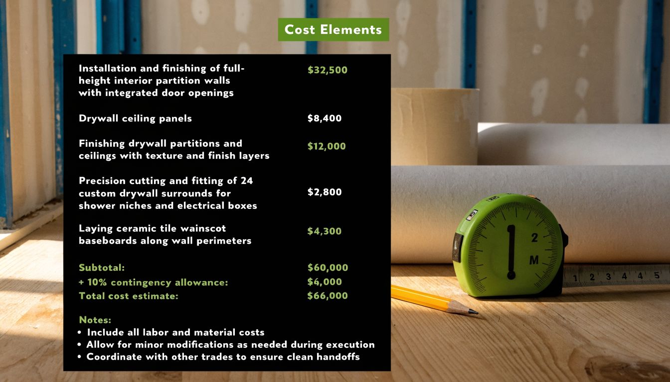 A detailed cost estimate table for residential drywall installation and finishing services displayed against a construction background.