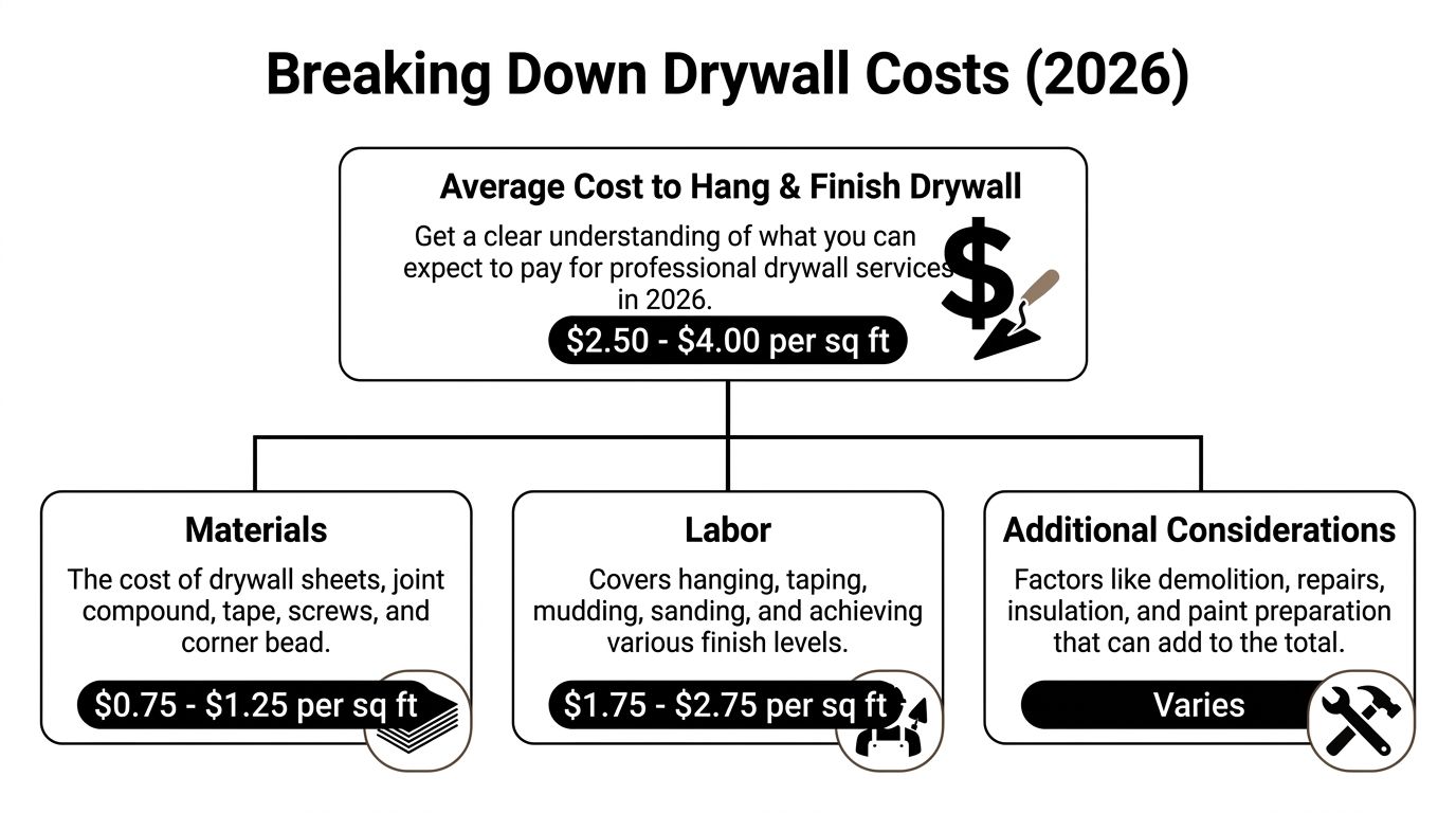 A 2026 cost breakdown chart for professional drywall hanging and finishing services, illustrating material, labor, and additional expenses.