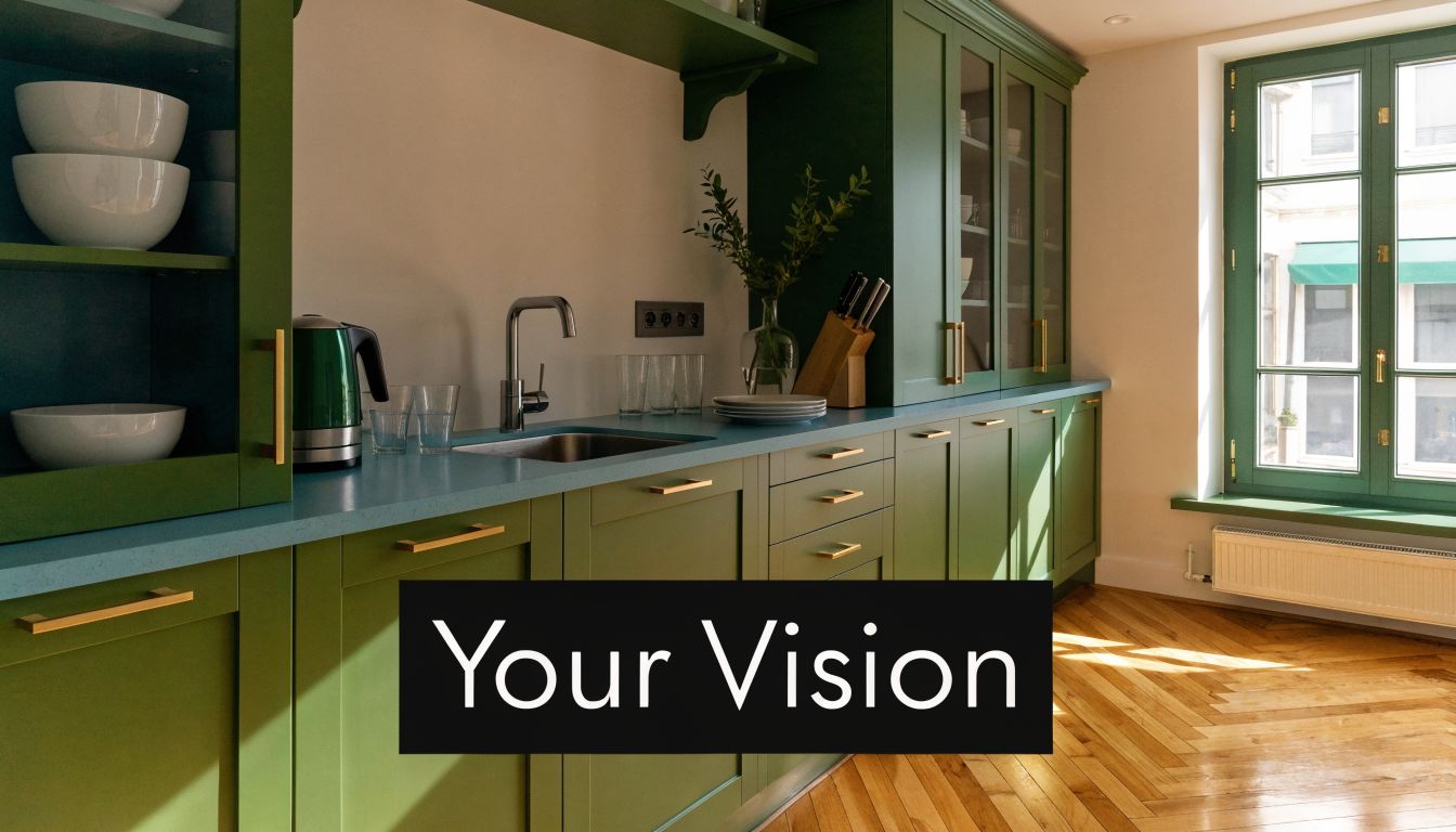 A bright, modern kitchen featuring vibrant green cabinetry, gold hardware, and a sleek blue countertop.
