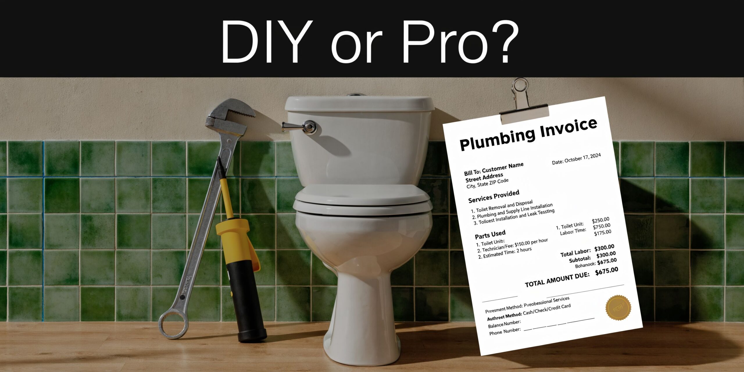 A plumbing invoice next to a new toilet and tools, representing the choice between DIY or professional installation.