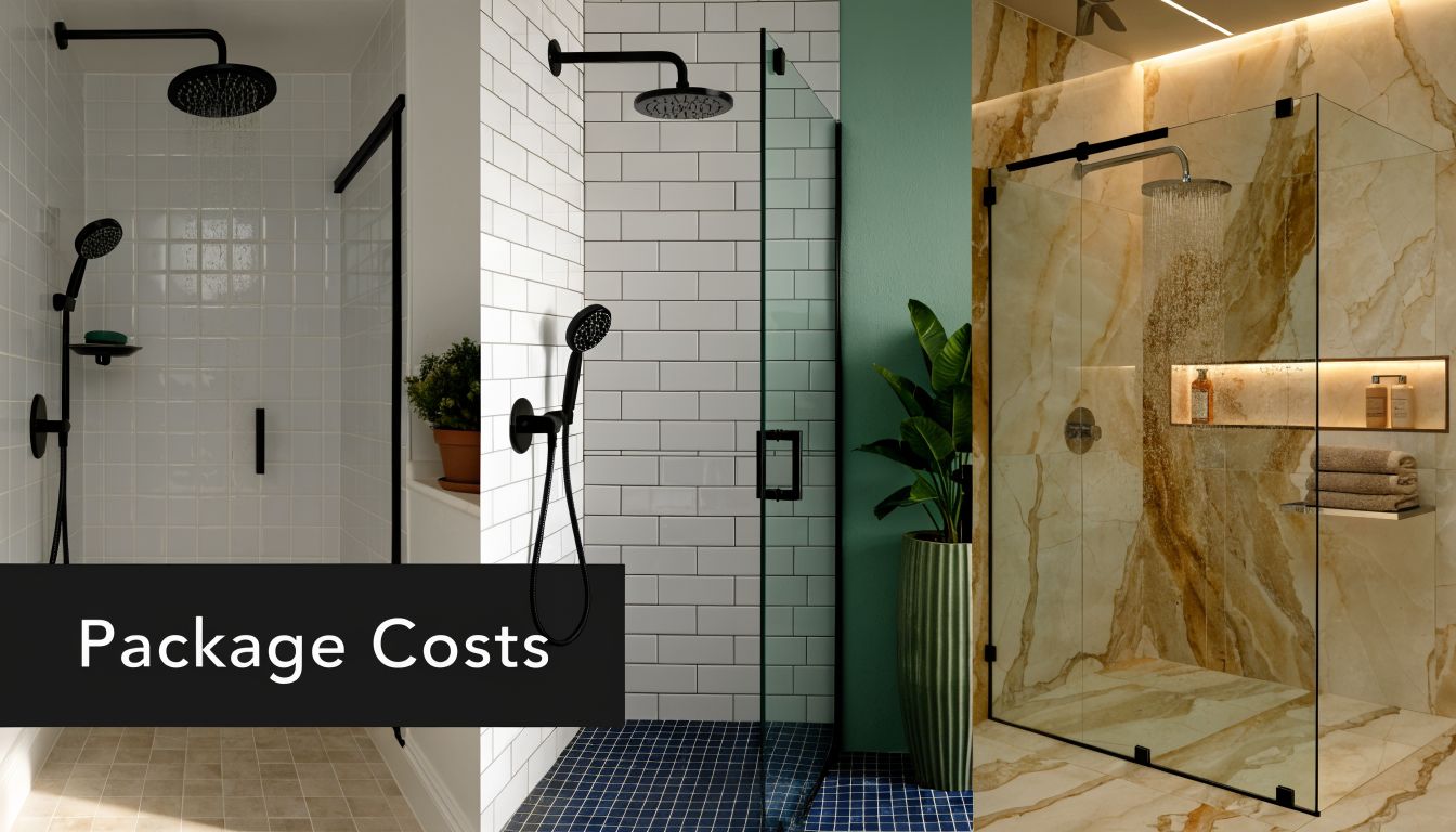 A split-screen comparison showing three different modern tile shower designs featuring various fixtures and enclosures.
