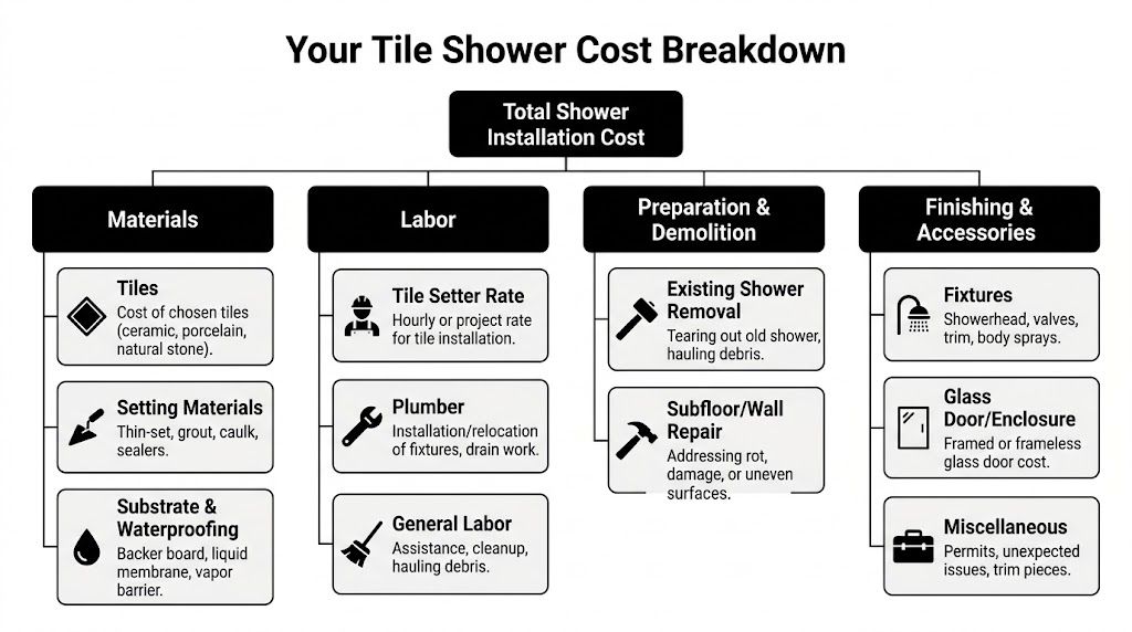 A flowchart showing the cost breakdown for a tile shower installation including materials, labor, demolition, and accessories.