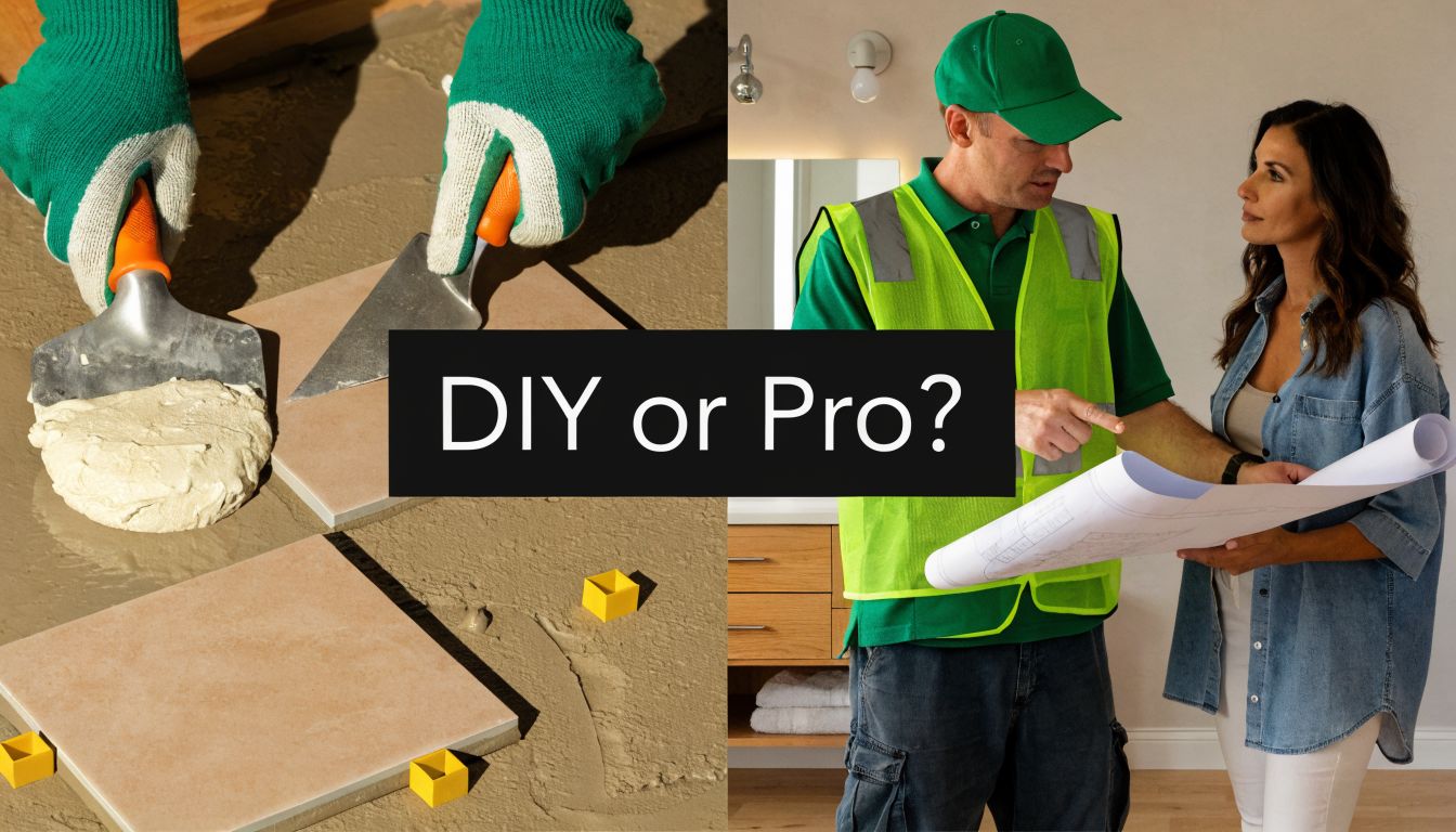 A split screen comparing hands tiling a bathroom floor with a contractor discussing plans with a client.