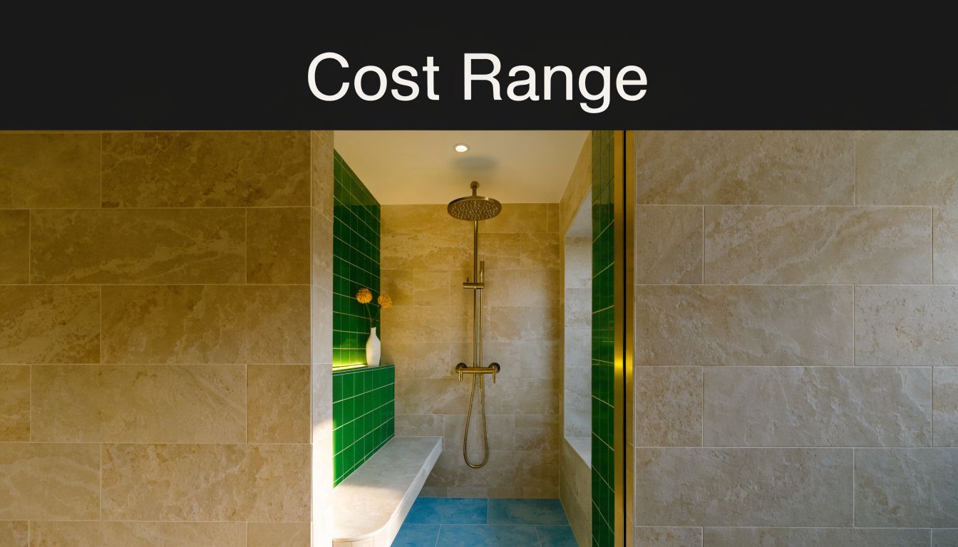 A modern luxury walk-in shower with beige travertine tiles, green accent tiles, and brass fixtures.