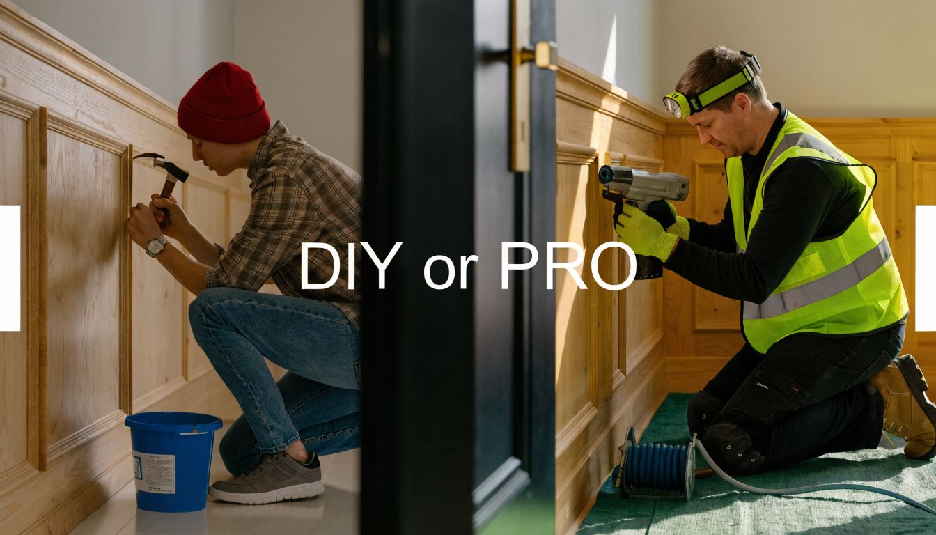 A split-screen comparison showing a DIY enthusiast and a professional contractor both installing wainscoting on a wall.