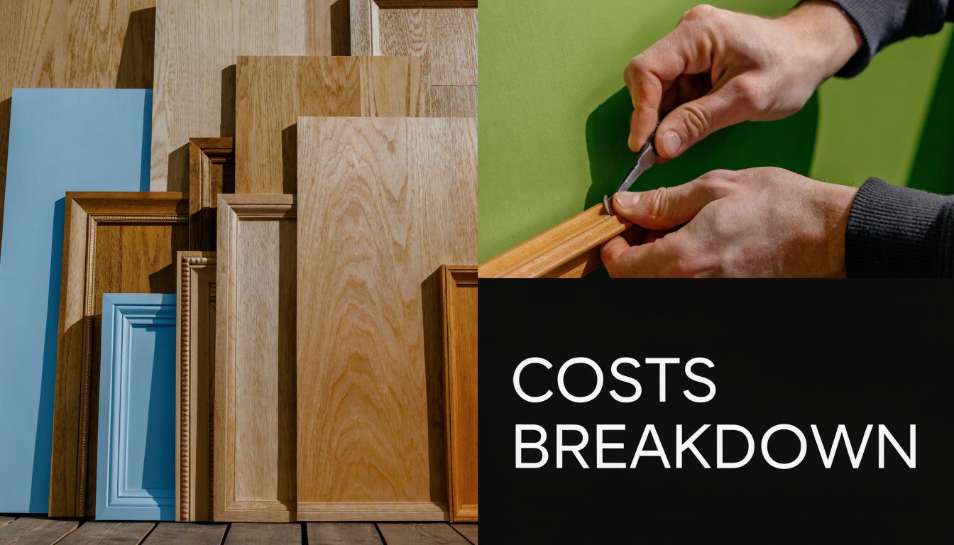 A hands-on professional installing wood wainscoting next to a variety of decorative wood and colored panels.
