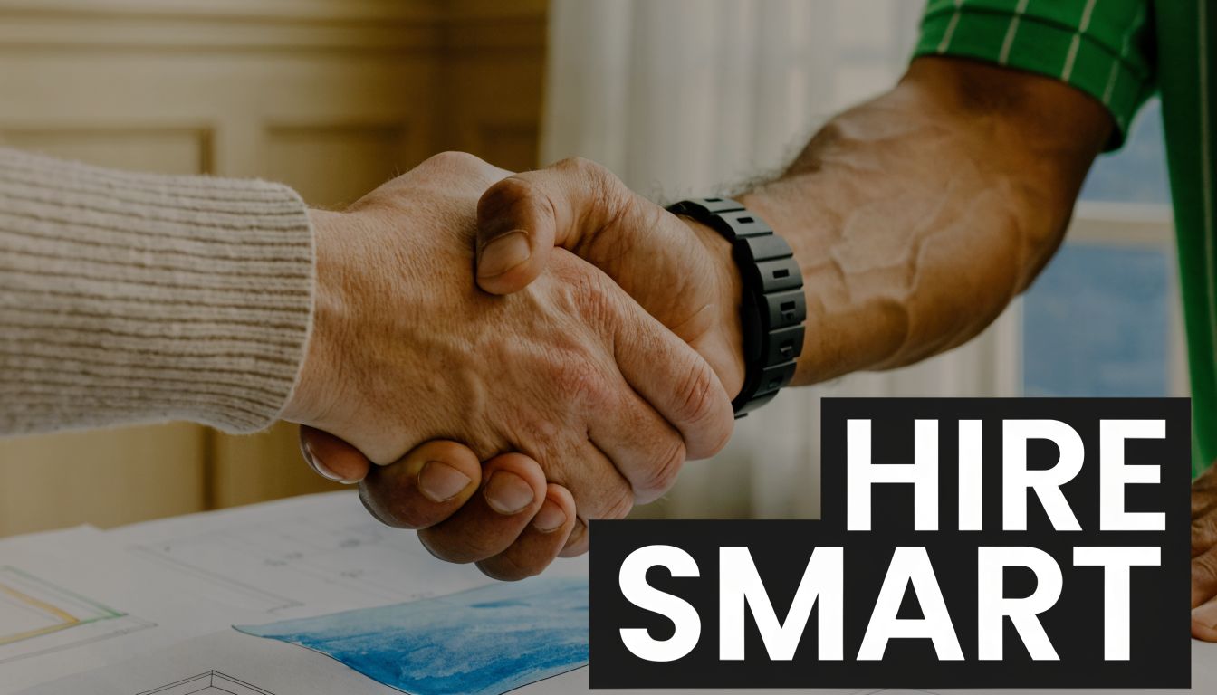 Two professional people shaking hands over a desk with documents to represent hiring smart business decisions.