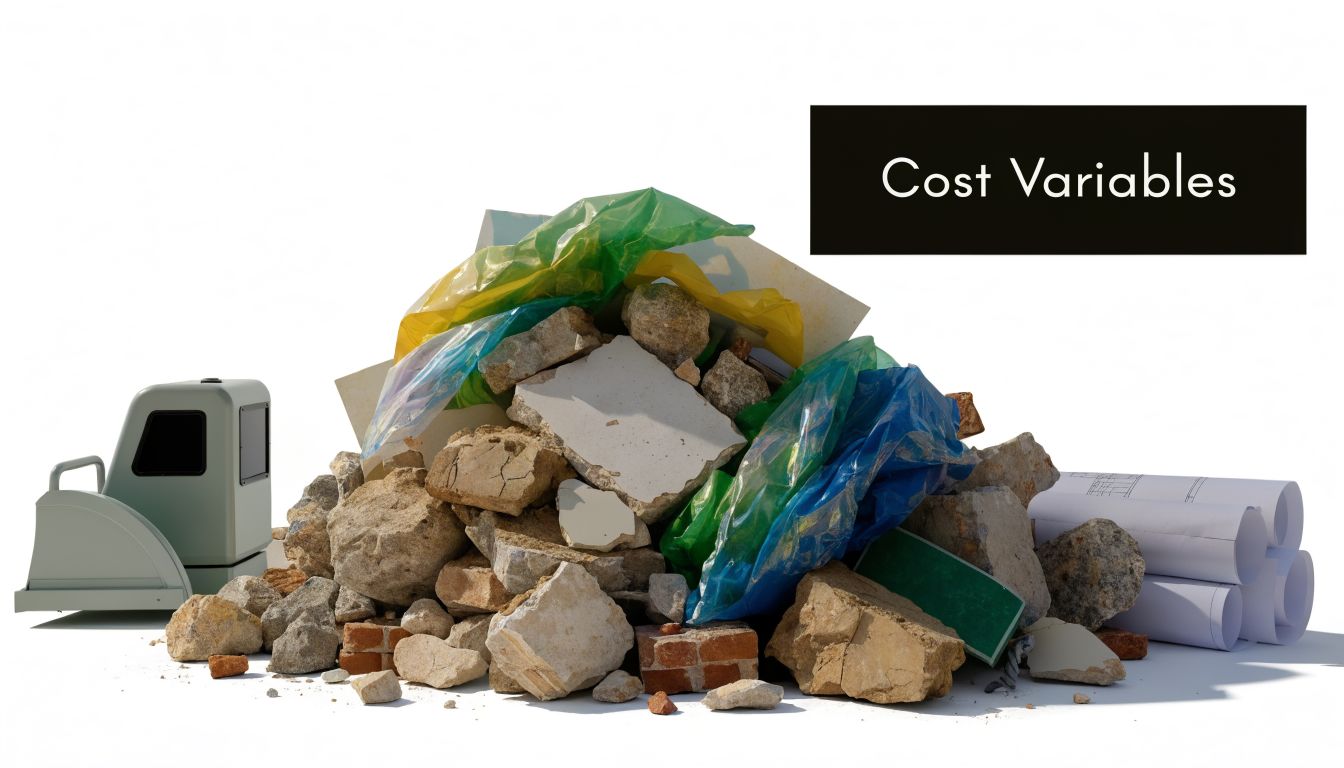 A pile of construction debris including rocks, bricks, and plastic bags next to architectural building blueprints.