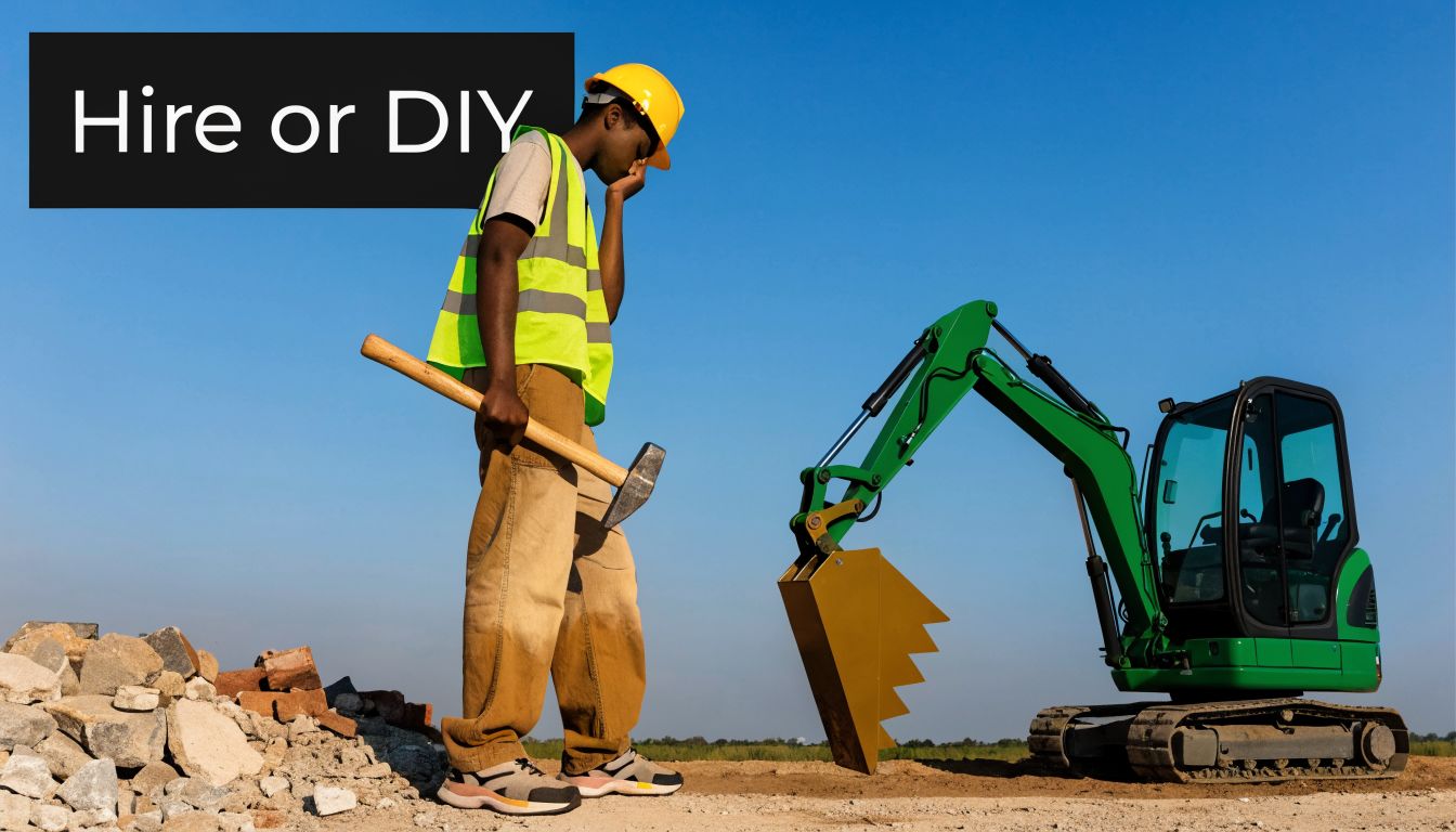 A construction worker in a hard hat looks frustrated while deciding between manual tools and heavy machinery.