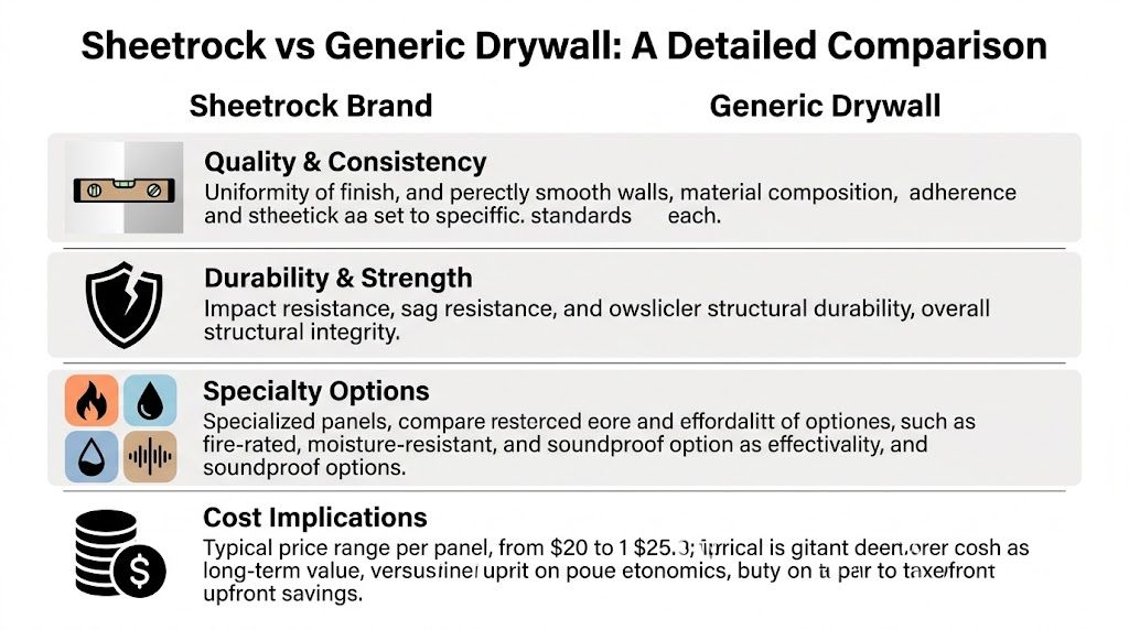 A comparison chart outlining differences between Sheetrock brand and generic drywall across quality, durability, and cost.
