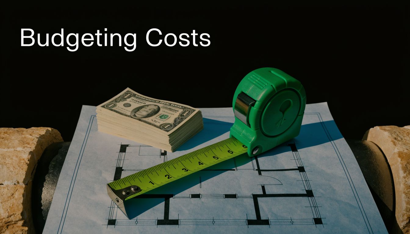 A stack of US dollar bills and a green tape measure sitting on top of architectural blueprints.