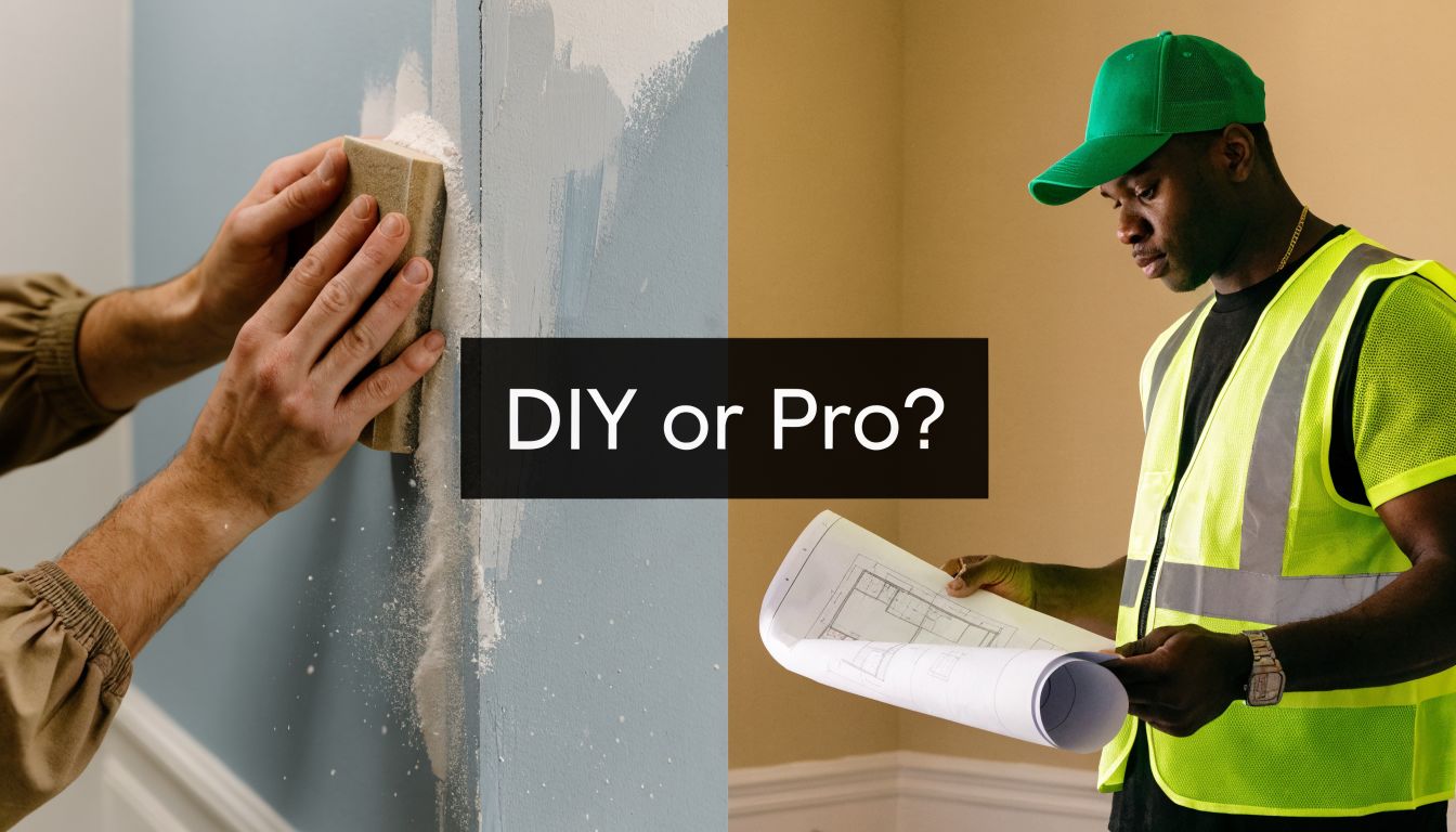 A split image showing a DIY person sanding a wall and a professional contractor reviewing project blueprints.
