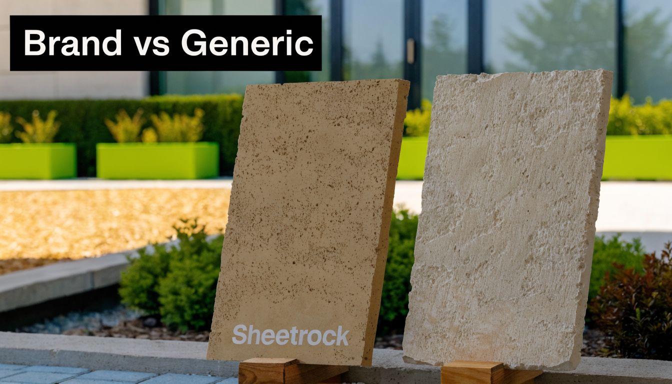 A side-by-side comparison of a Sheetrock brand panel and a generic, rough-textured stone panel outdoors.