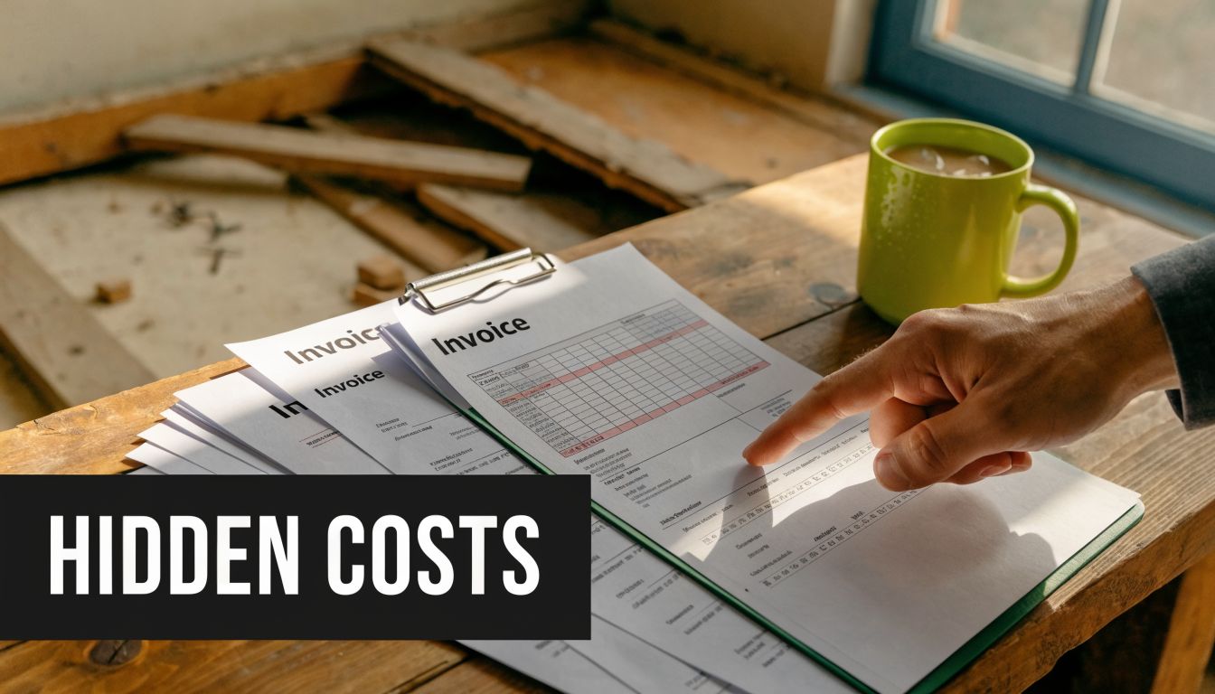 A hand pointing at a construction invoice on a table with a mug during a home renovation.