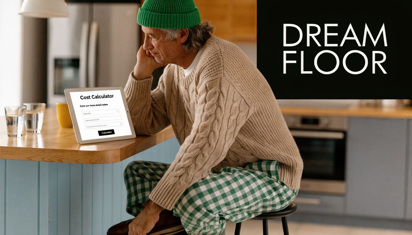 An older man sitting at a kitchen island using a tablet to calculate flooring costs.