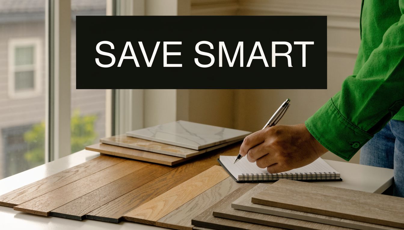 A person writing in a notebook next to various wood flooring samples on a table