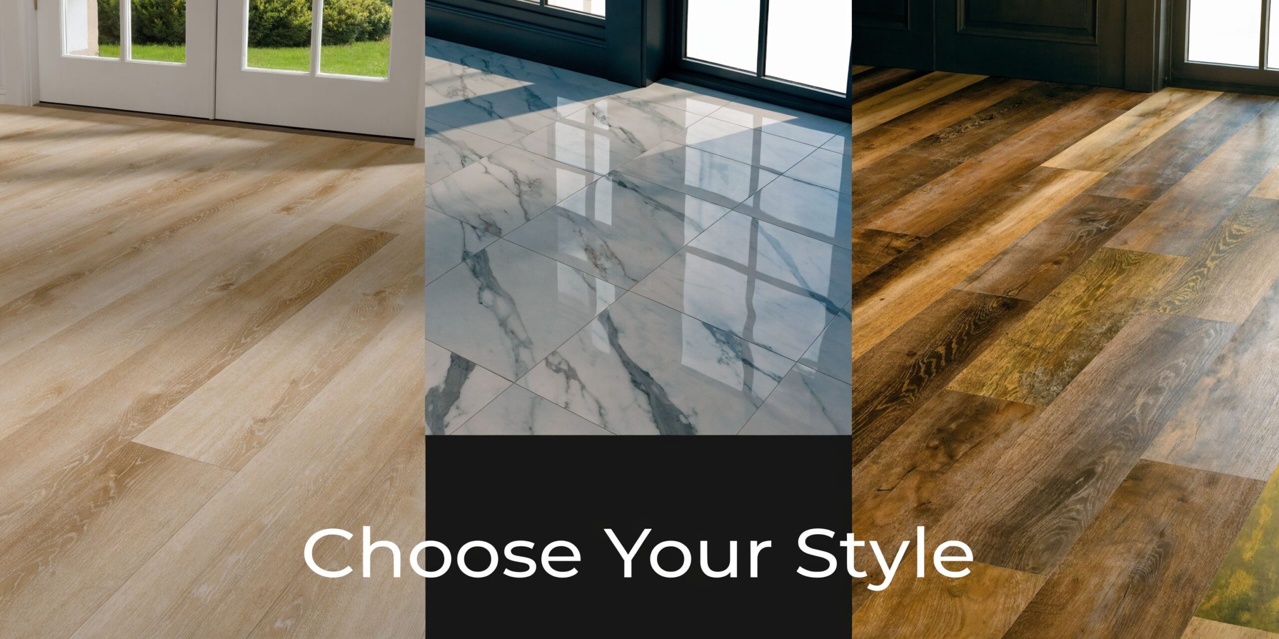 A split image showing three different flooring options: light wood planks, white marble tiles, and rustic wood planks.