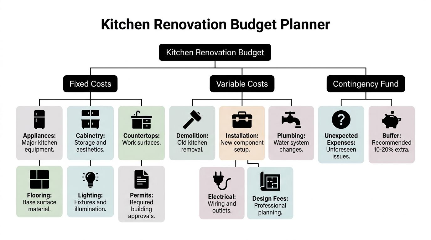 A structured flowchart outlining the different categories and components of a kitchen renovation budget.