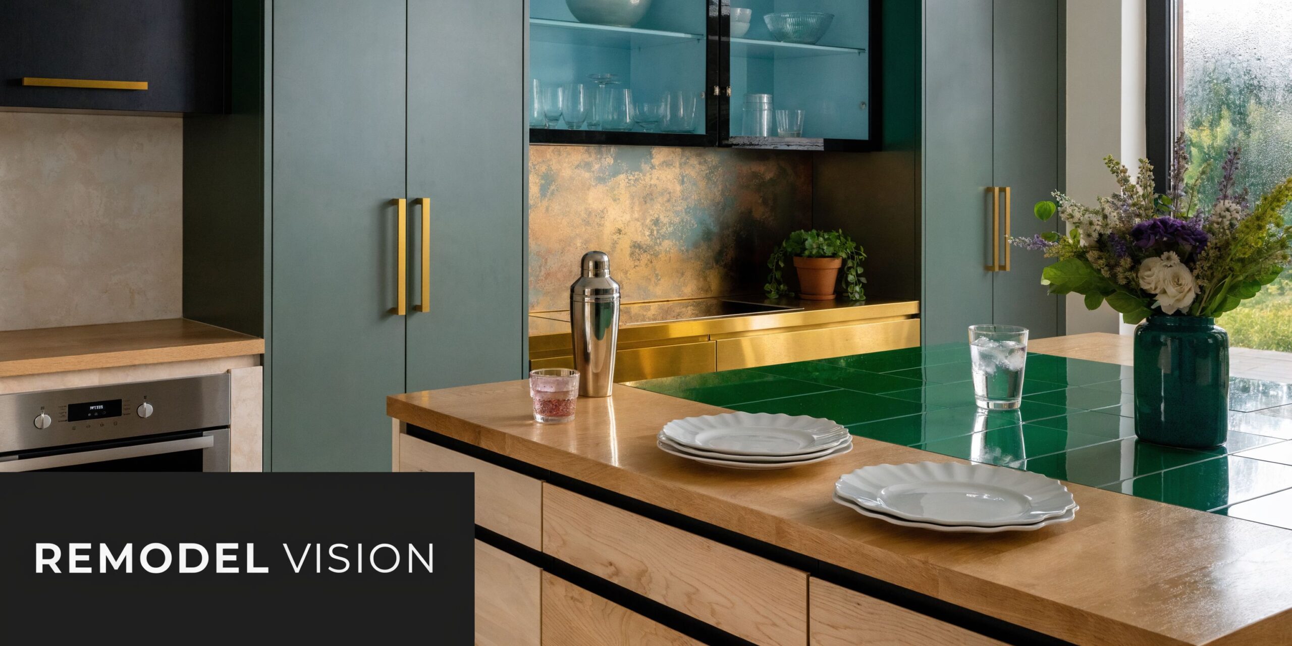 A modern, stylish kitchen featuring green cabinetry, gold hardware, a wooden countertop, and an island with decorative tiles.