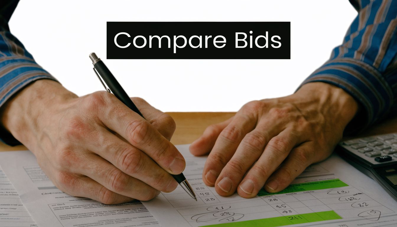 A professional analyzing and comparing construction bids on a document while holding a pen at a desk.