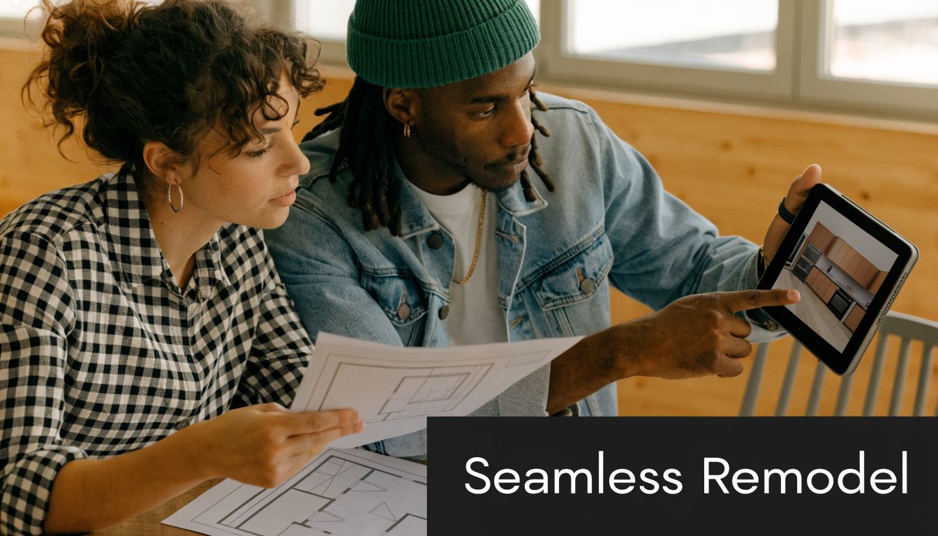 A diverse couple looking at architectural blueprints and a tablet to plan their kitchen remodeling project.