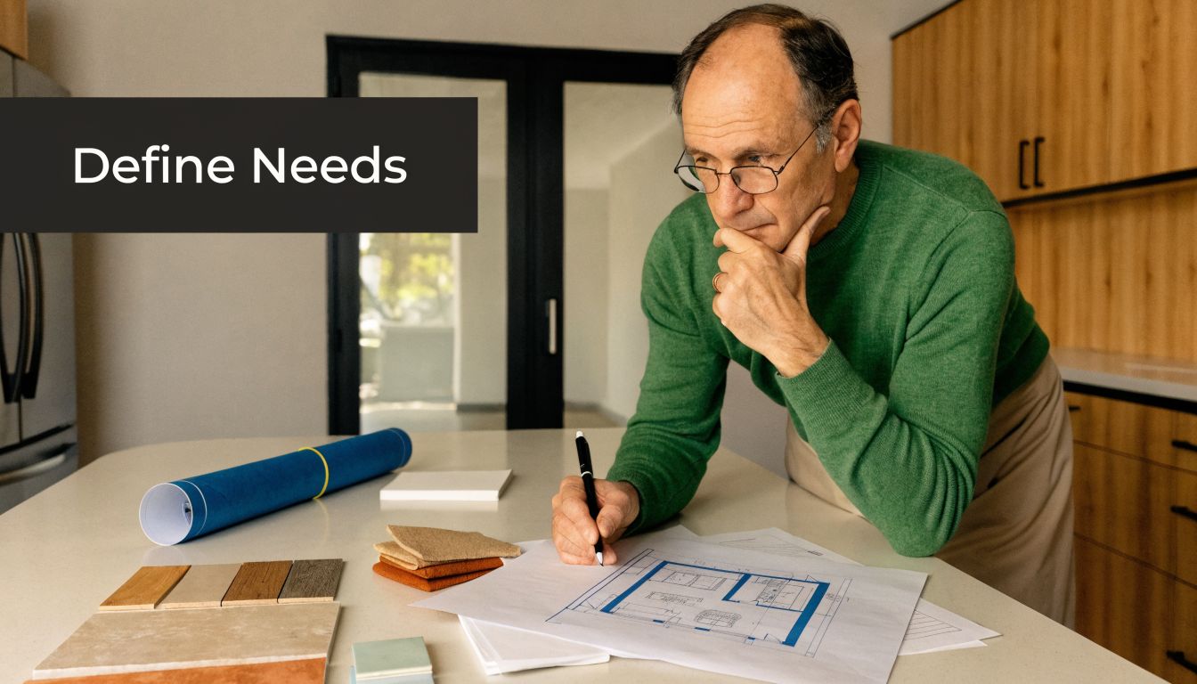 A man in a green sweater thoughtfully reviews kitchen renovation blueprints while holding a pen.