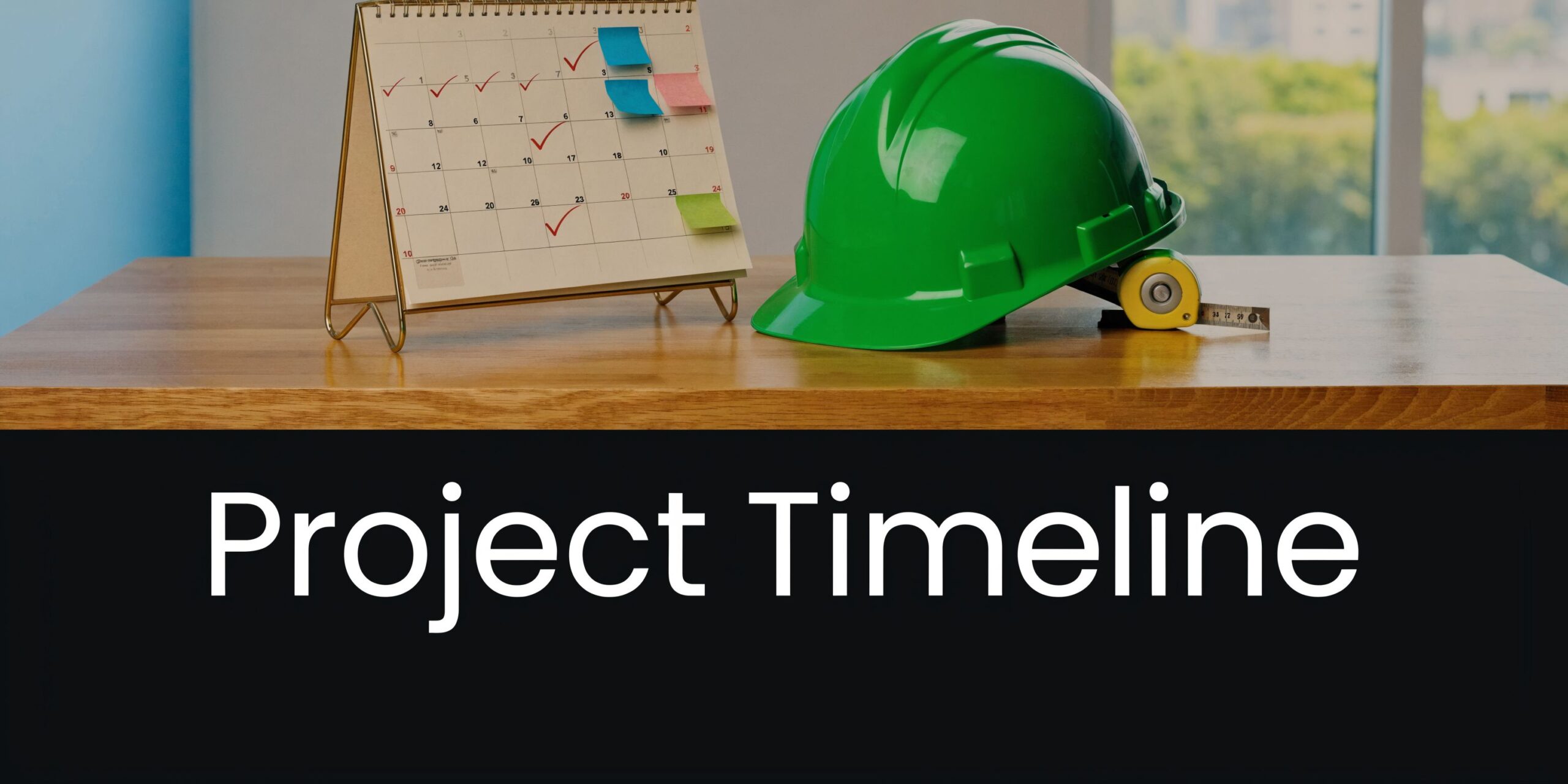 A construction worker green safety helmet, a tape measure, and a project calendar on a wooden table.