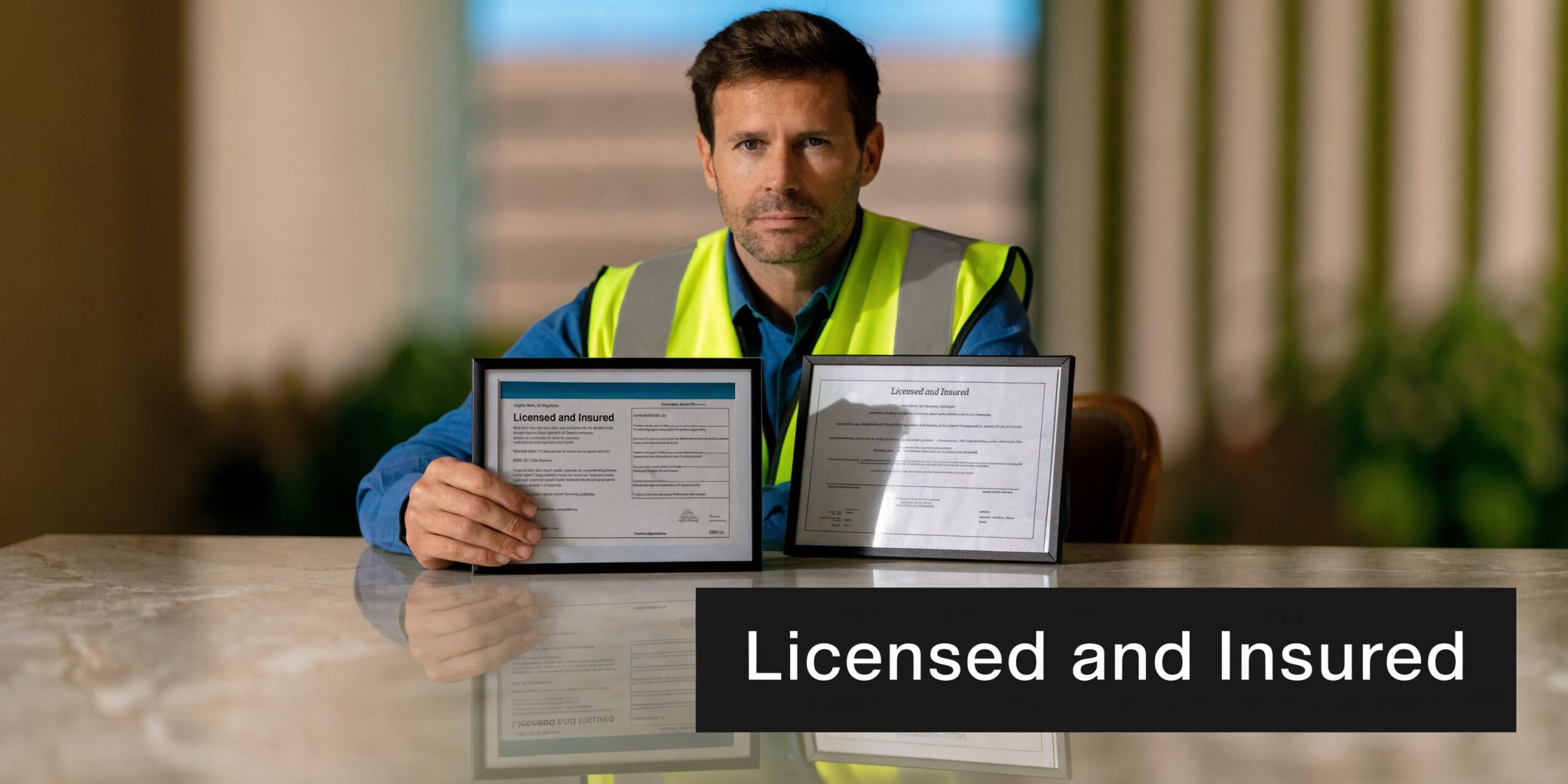 A professional contractor in a safety vest holding two framed certificates showing they are licensed and insured.