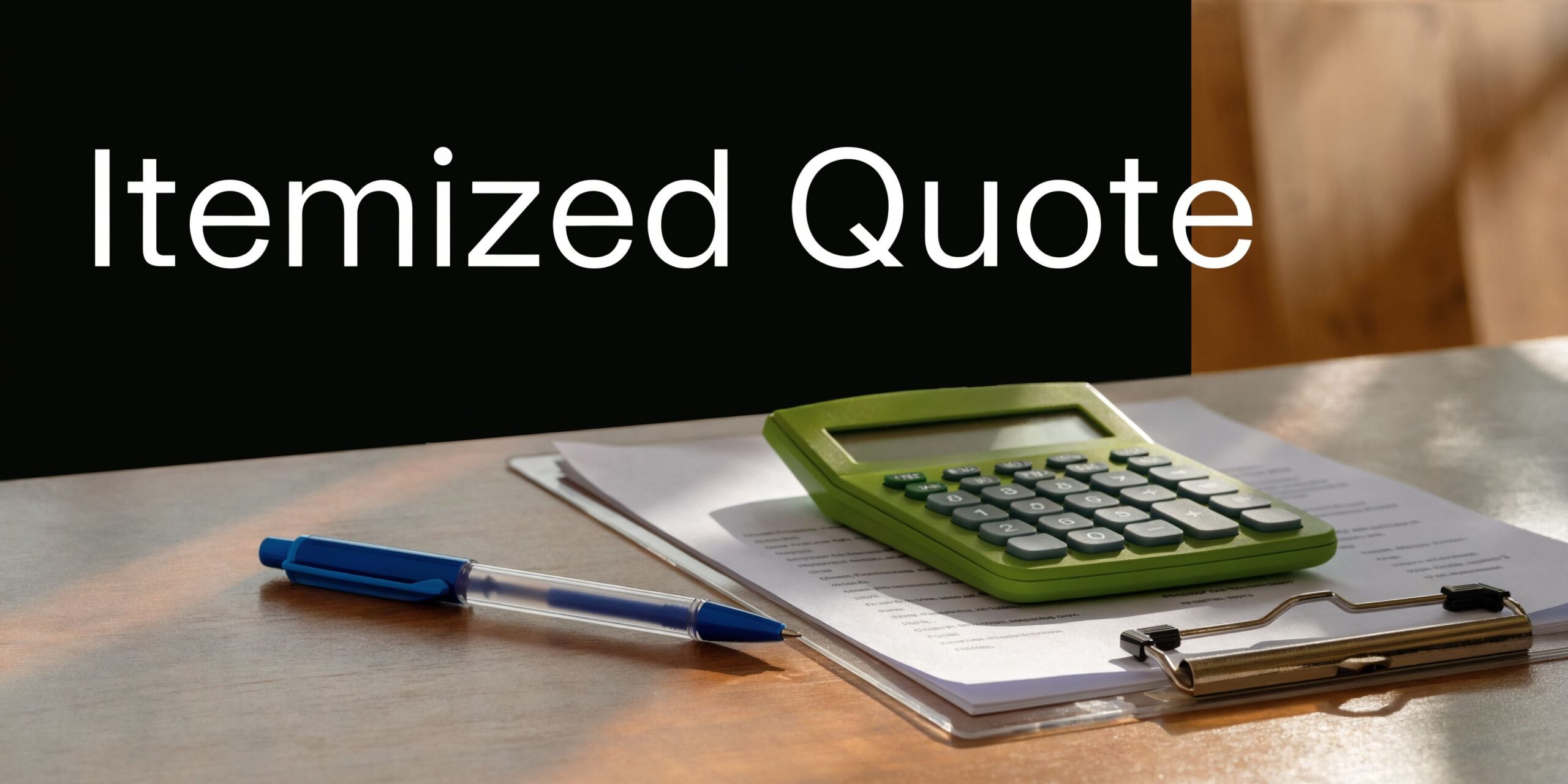 A green calculator, blue pen, and document on a clipboard sitting on a wooden desk.