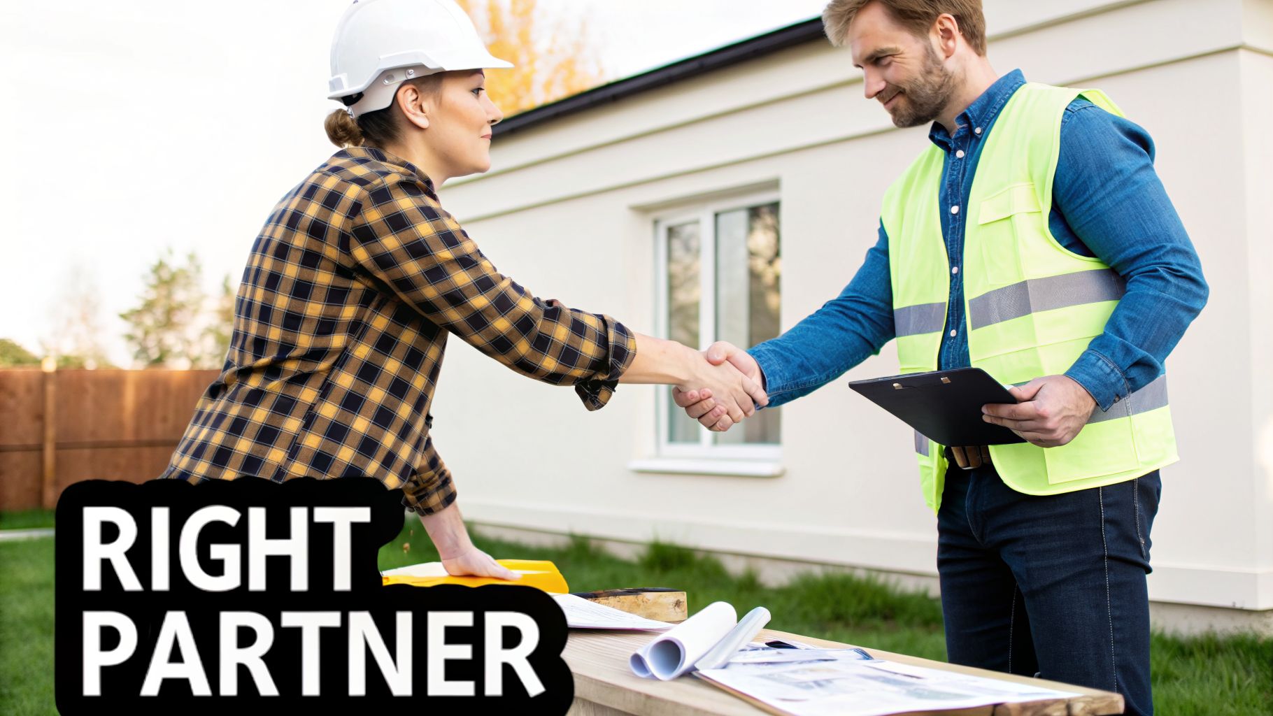Two construction workers, a woman in a hard hat and a man in a safety vest, shaking hands by a building site.